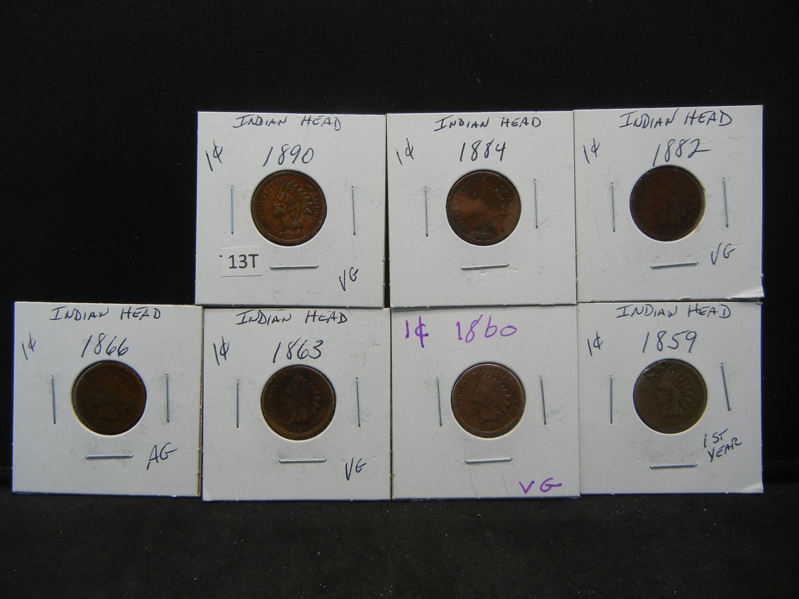 (7) Indian Head Cents, 1859, 60, 63, 66, 82, 84, 90 (1 of 9)