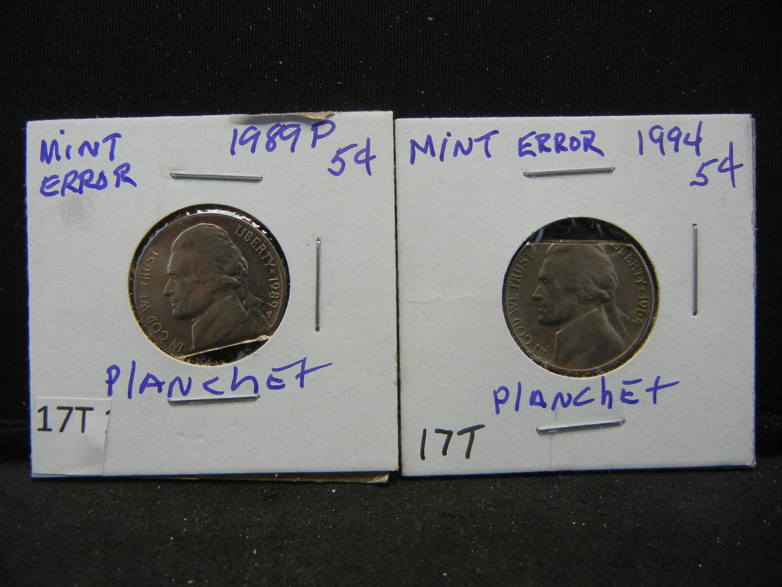 (2) Mint error Jefferson Nickels, 1989, 94 (1 of 5)