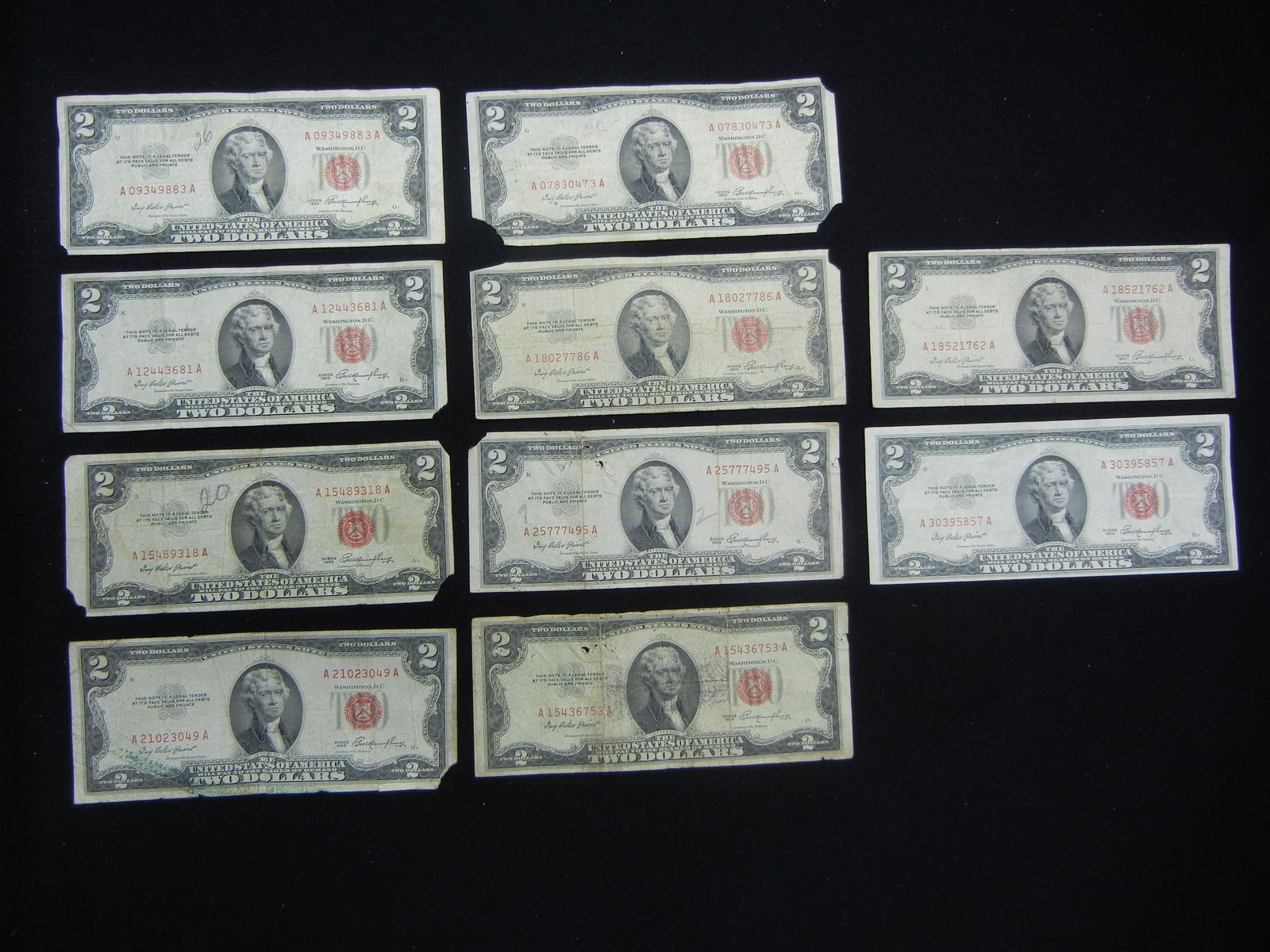 Ten $2 red seal U.S. note series 1953 Some Low Serial (1 of 8)
