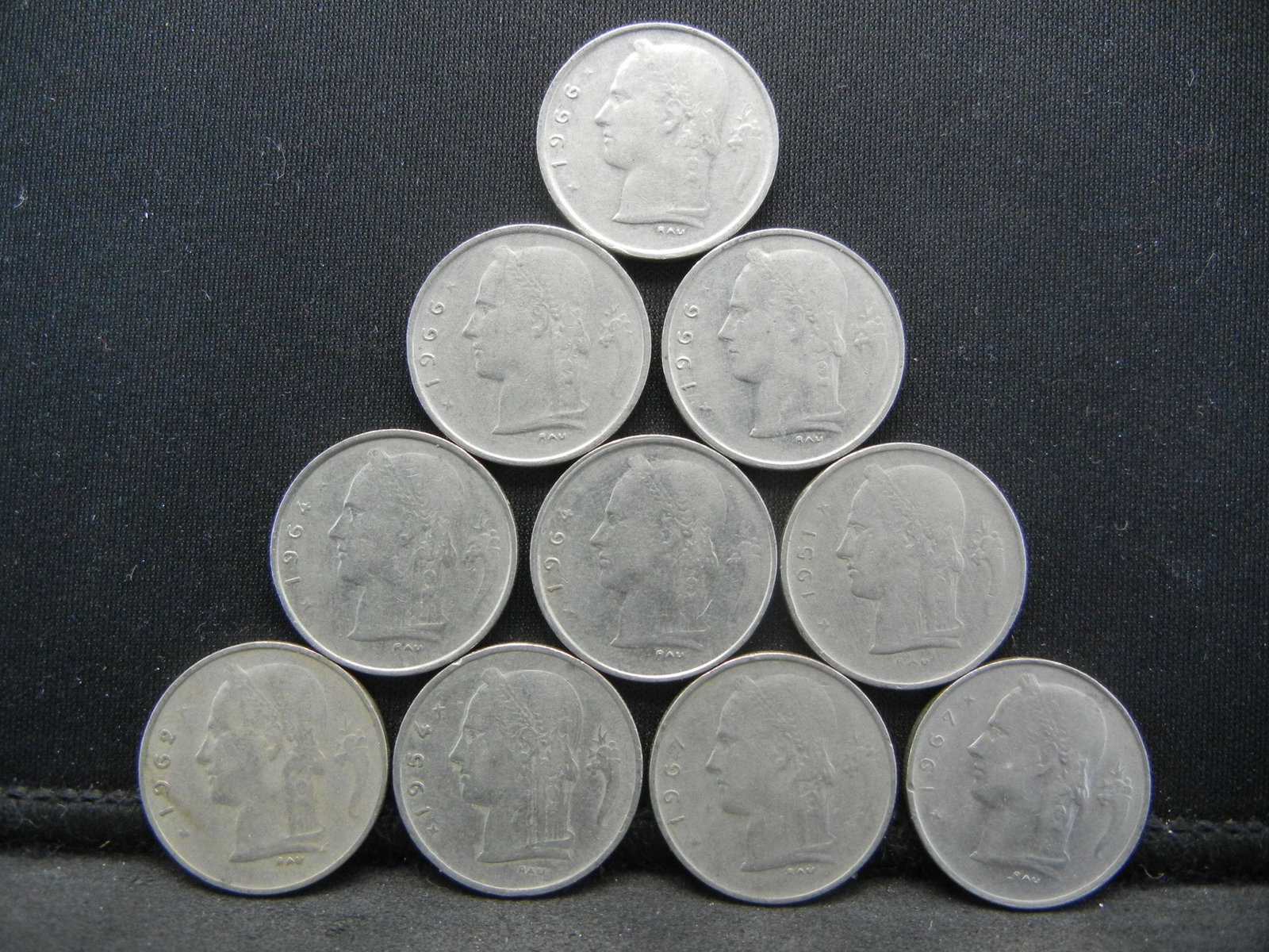 (10) Belgium One Francs, 50's and 60's: (10) Belgium One Francs, 50's and 60's