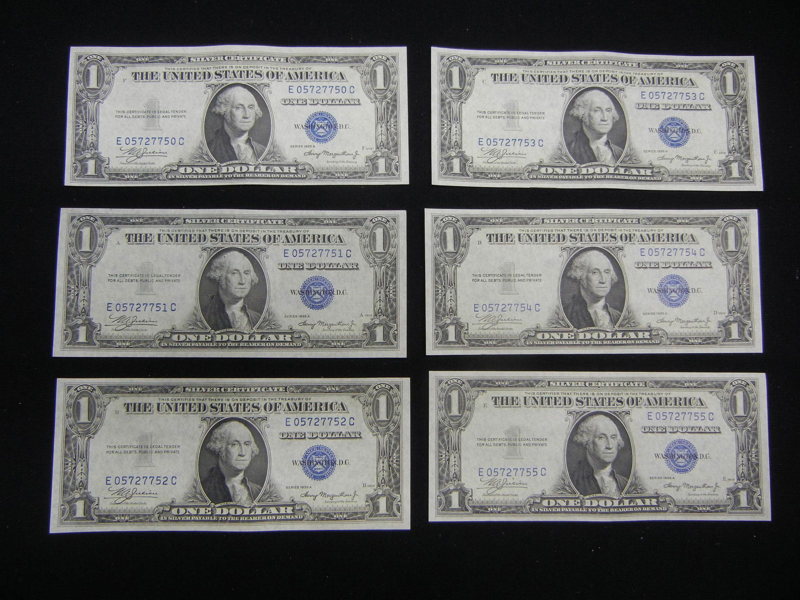 (6) Consecutive Serial # 1935A Silver Certificates. (1 of 8)