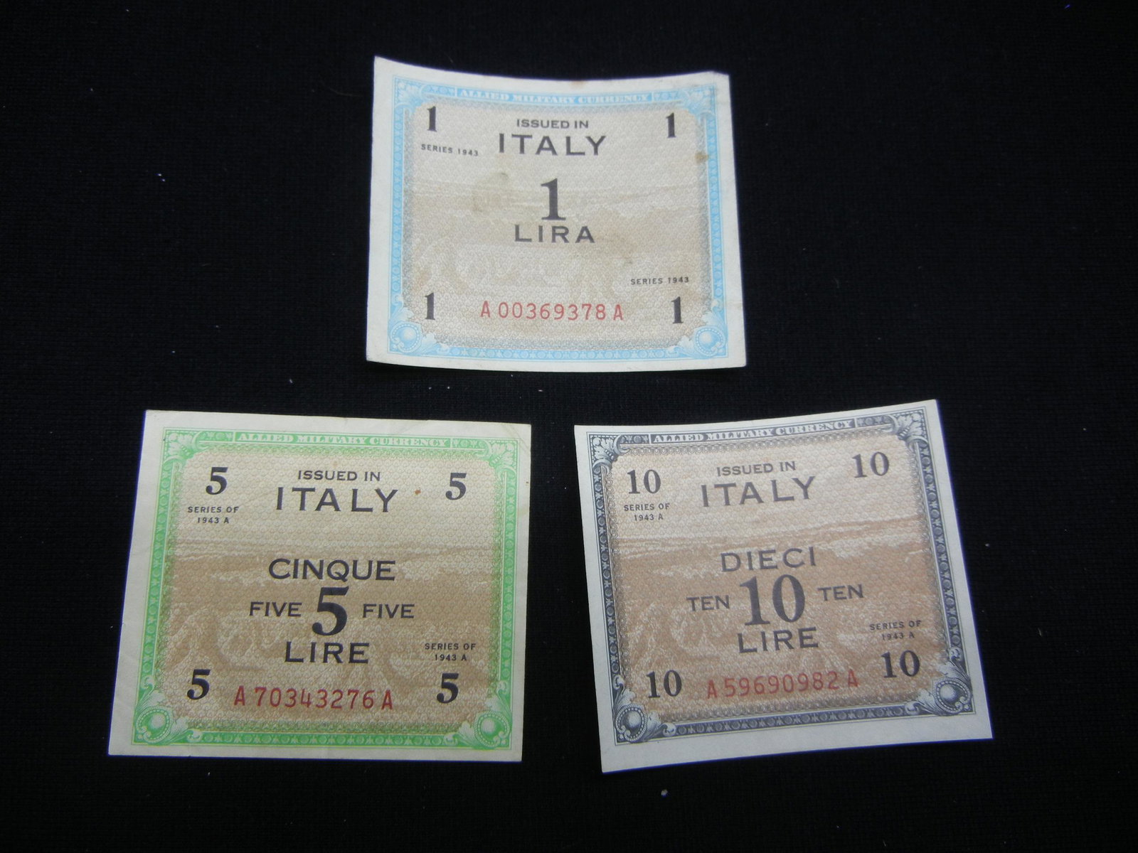 Series of 1943 Italy 10, 5, and 1 Lira Allied Military: Series of 1943 Italy 10, 5, and 1 Lira Allied Military Currency.