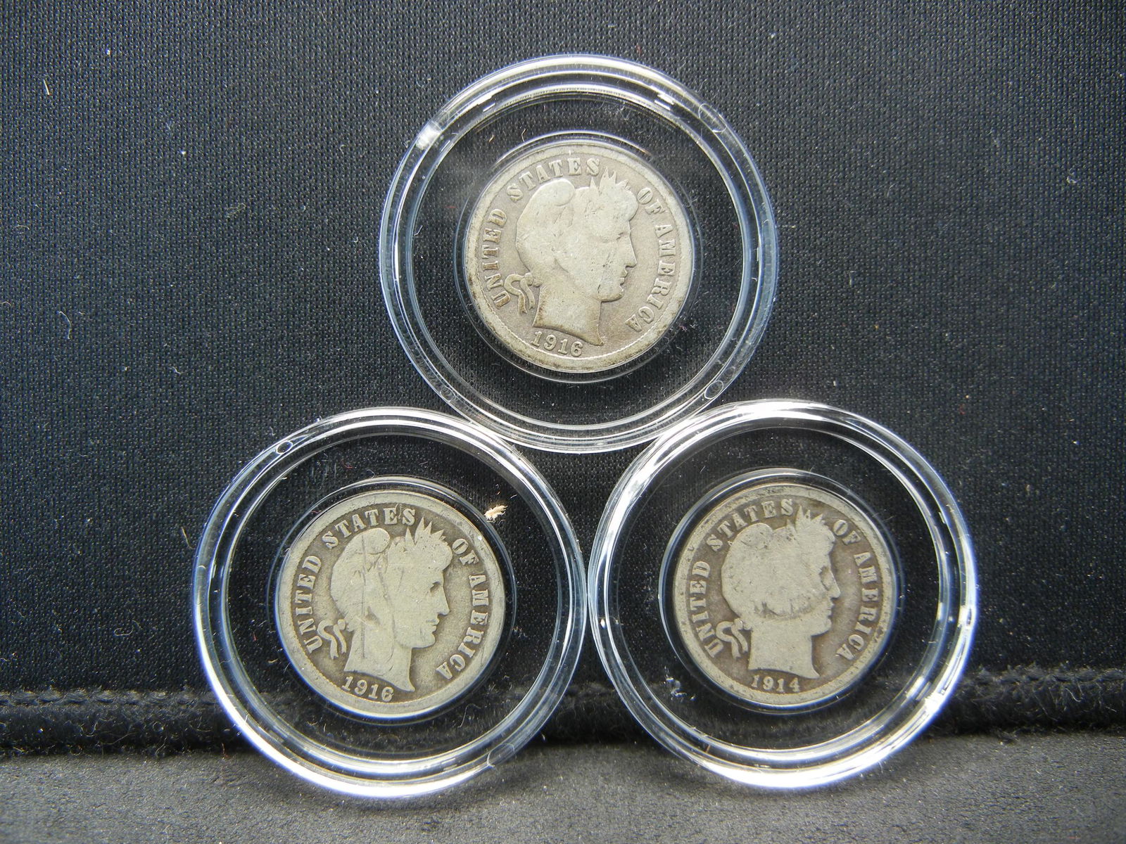 (3) SILVER (90%) BARBER DIMES, (1916/1914-D/1916) (1 of 2)