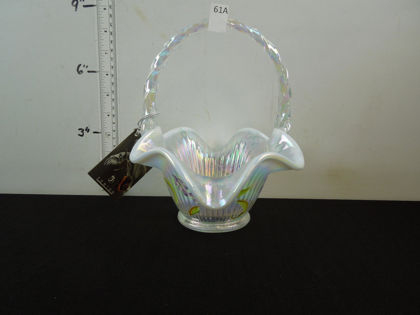 Fenton Clear Iridescent Basket Handpainted and Signed (1 of 4)