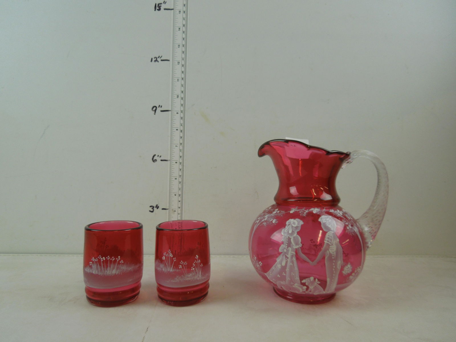 Fenton 3 Piece Cranberry Glass Pitcher & 2 Glasses Set (1 of 7)