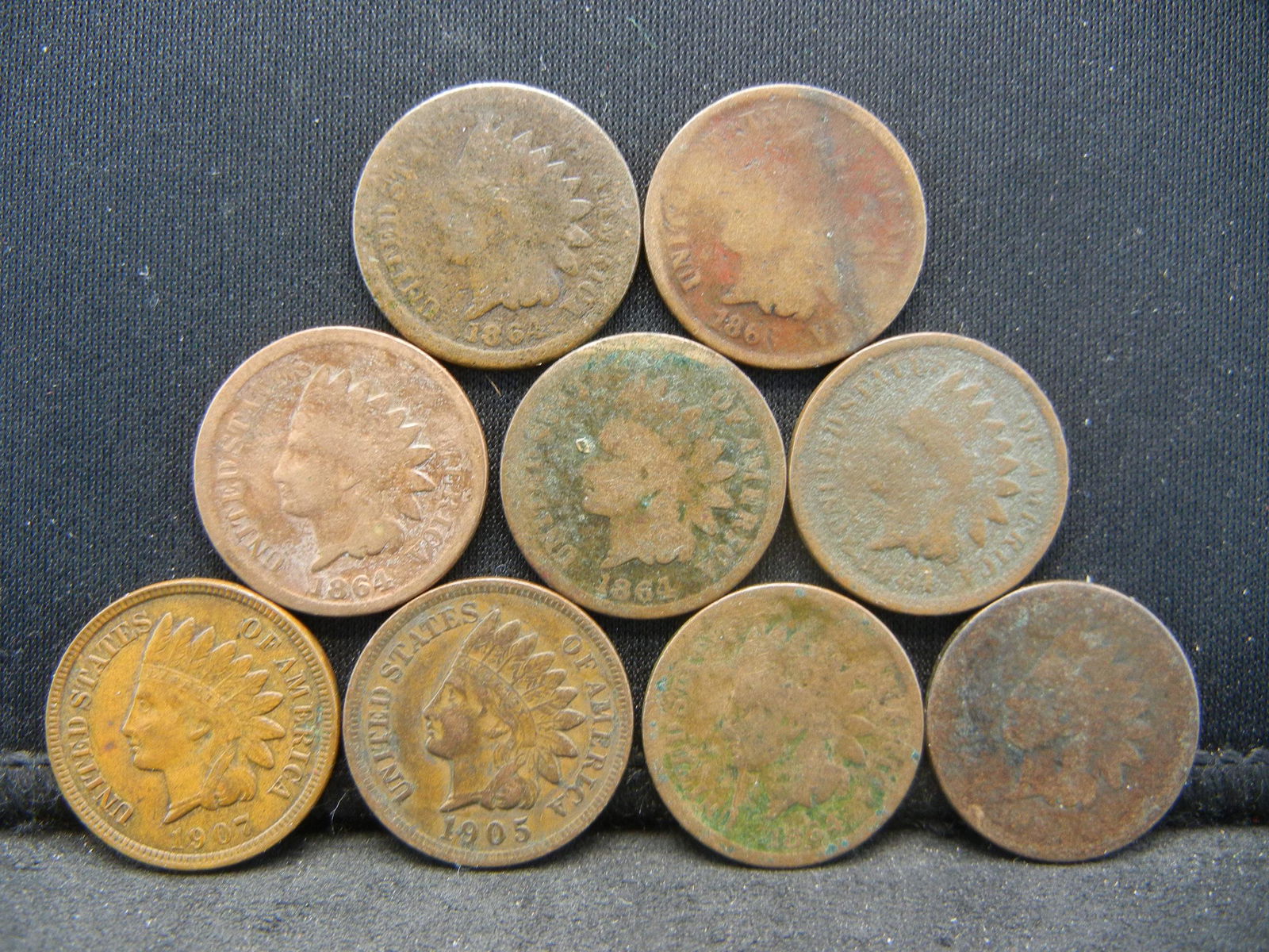 (5) 1864 Indian Cents 1905+07VF (2) No Dates (1 of 2)