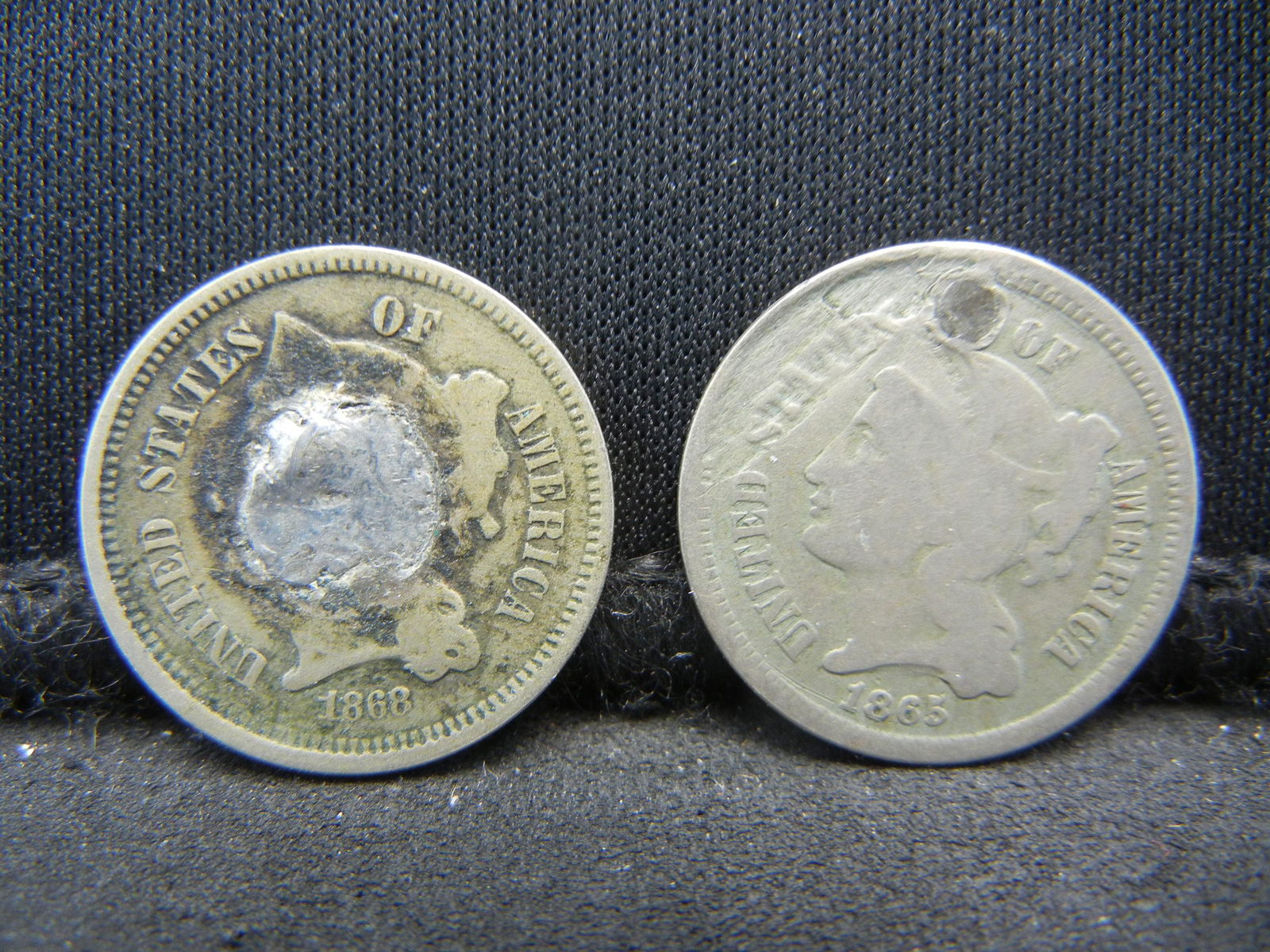 1865 & 1868 Three Cent Nickels Damaged Two Coin Lot (1 of 2)