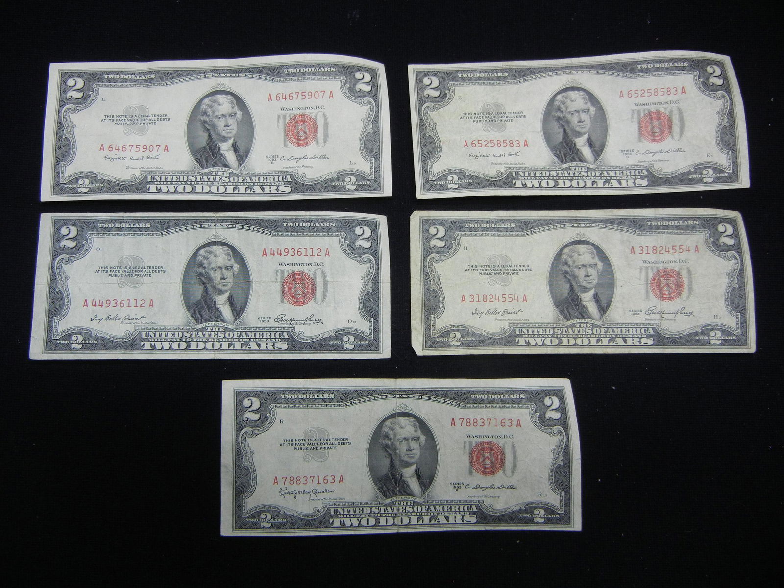 Five 1953 $2 Red Seal United States Notes. (1 of 5)