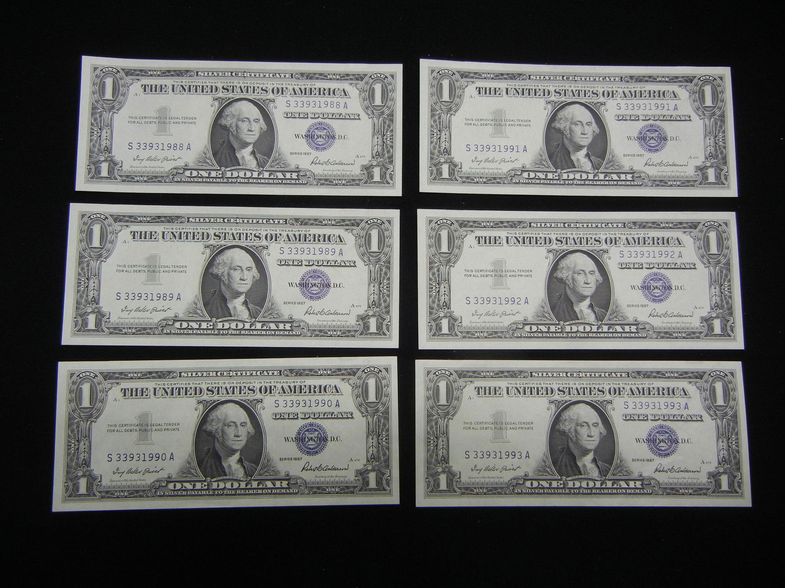 (6) 1957 Silver Certificate Consecutive Serial # Notes. (1 of 8)