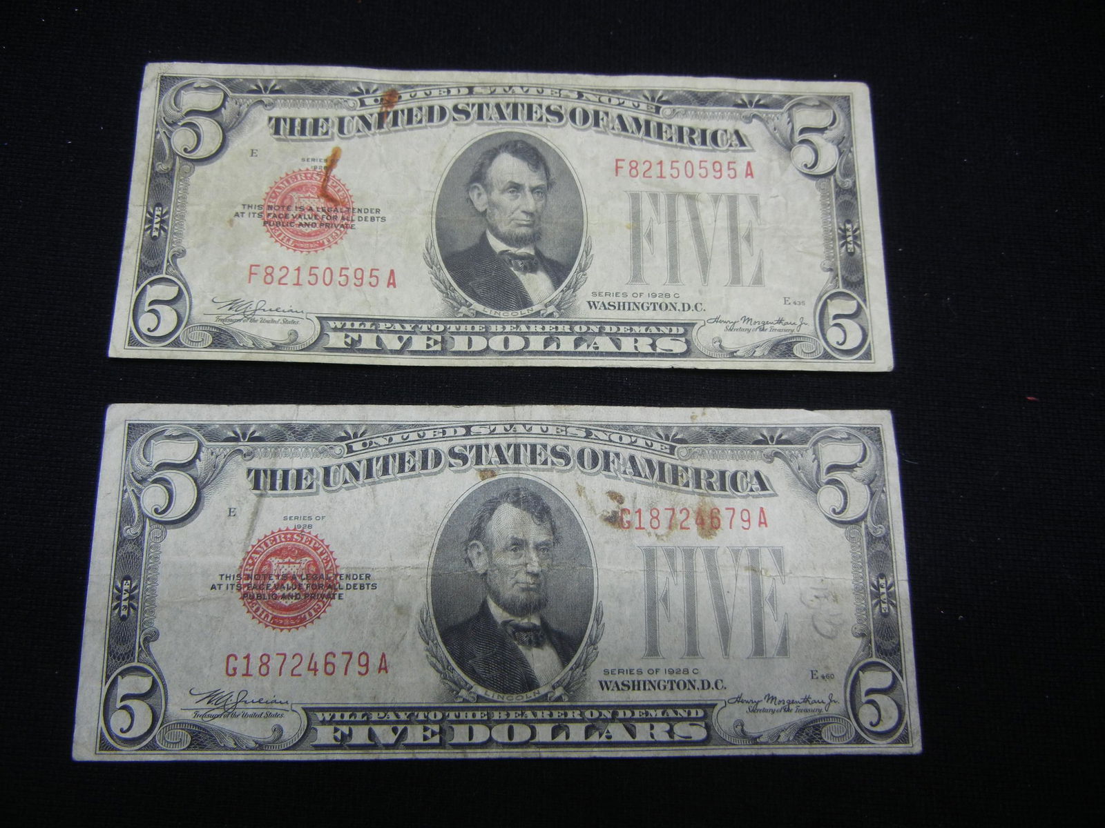 2 - Series 1928 C United States $5.00 Red Seal Notes (1 of 5)