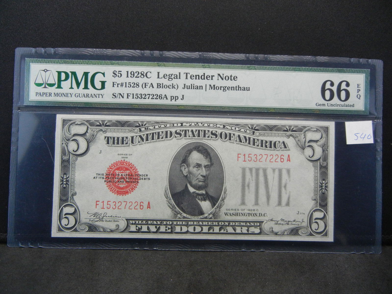 1928 $5.00 Legal Tender Note FR#1528 (FA Block) PMG 66 (1 of 5)