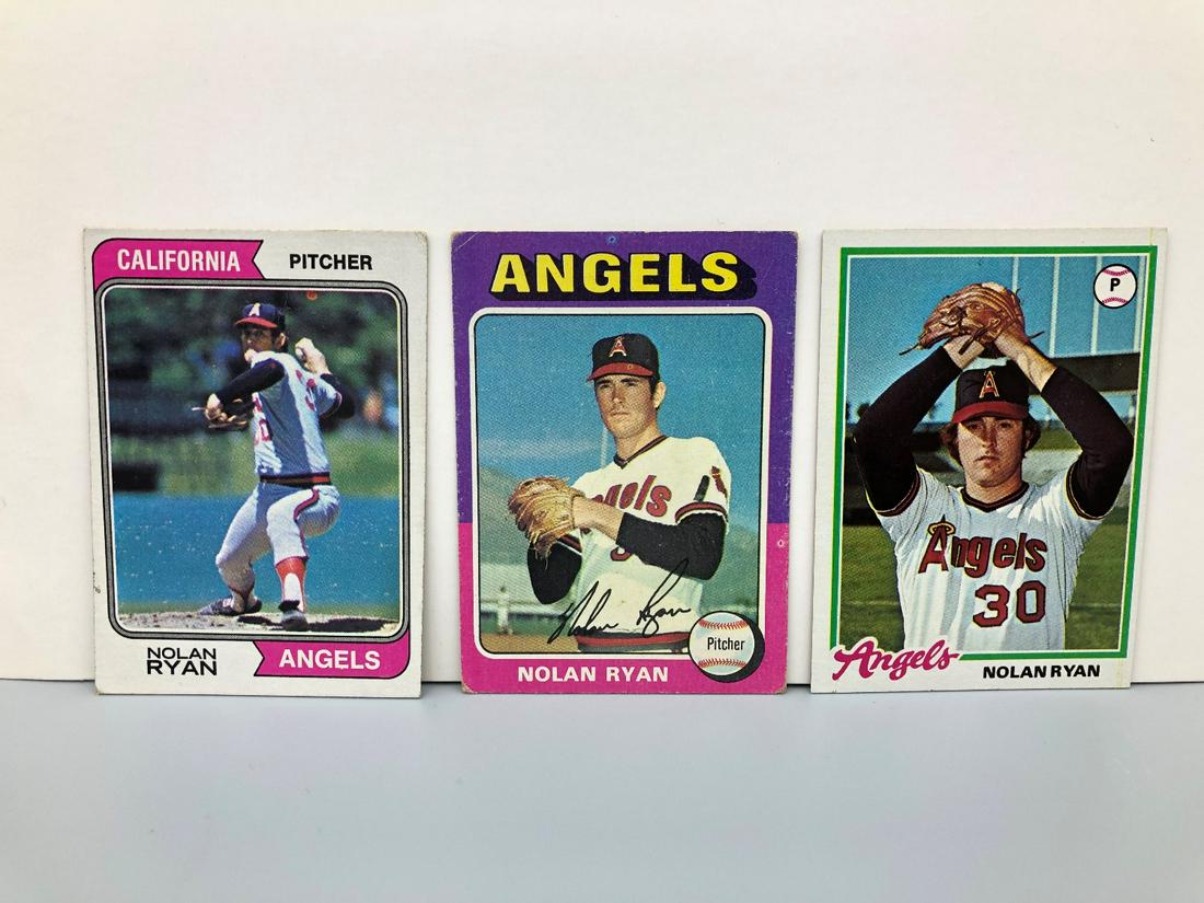 (3) Nolan Ryan Cards All Topps 1974 #20, 1975 #500, (1 of 2)