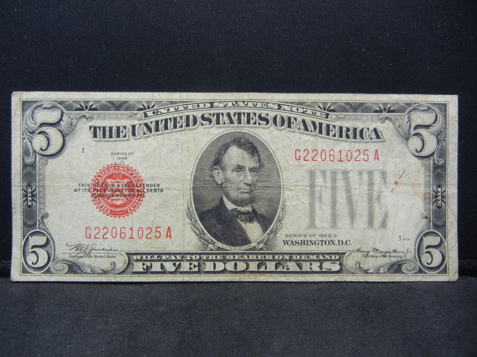 1928 C Red Seal $5 Treasury Note. Issued by Act of (1 of 3)