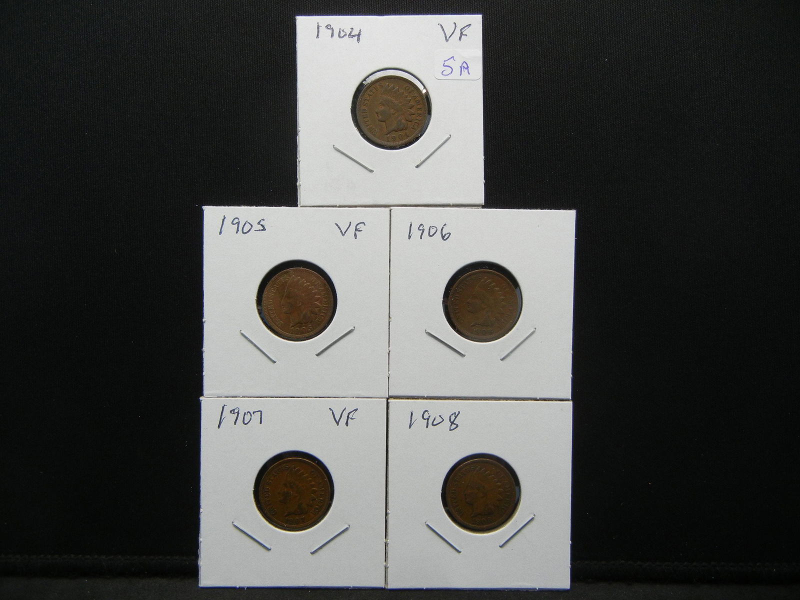 (5) Indian Head Cents with full liberties:  1904, 05, (1 of 7)