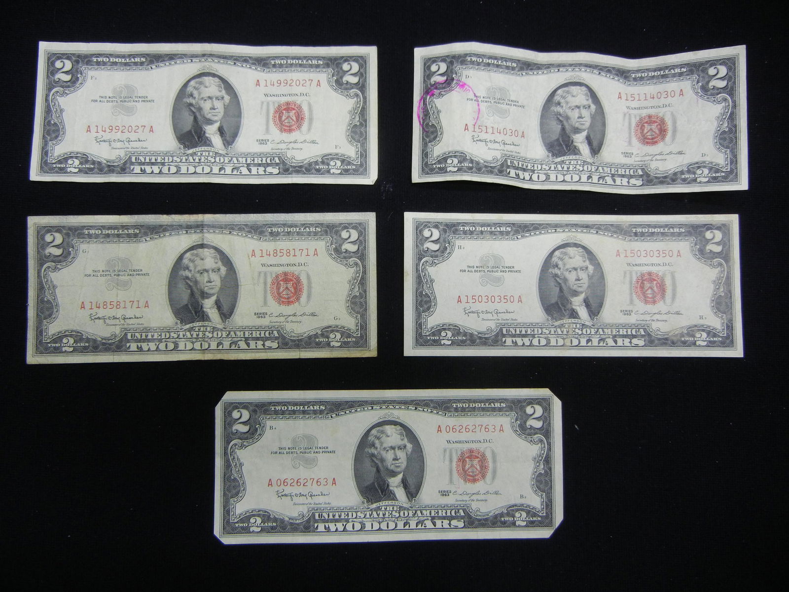 (5) 1963 Two Dollar Red Seal Notes (1 of 5)