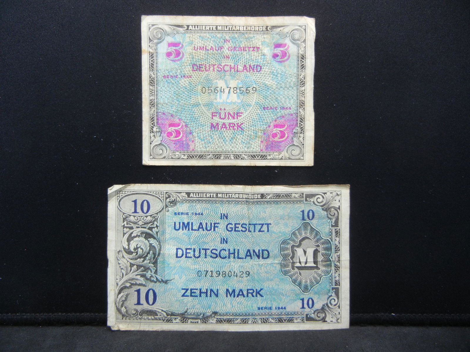 1944 Germany Five and Ten Mark Military Currency Notes (1 of 4)