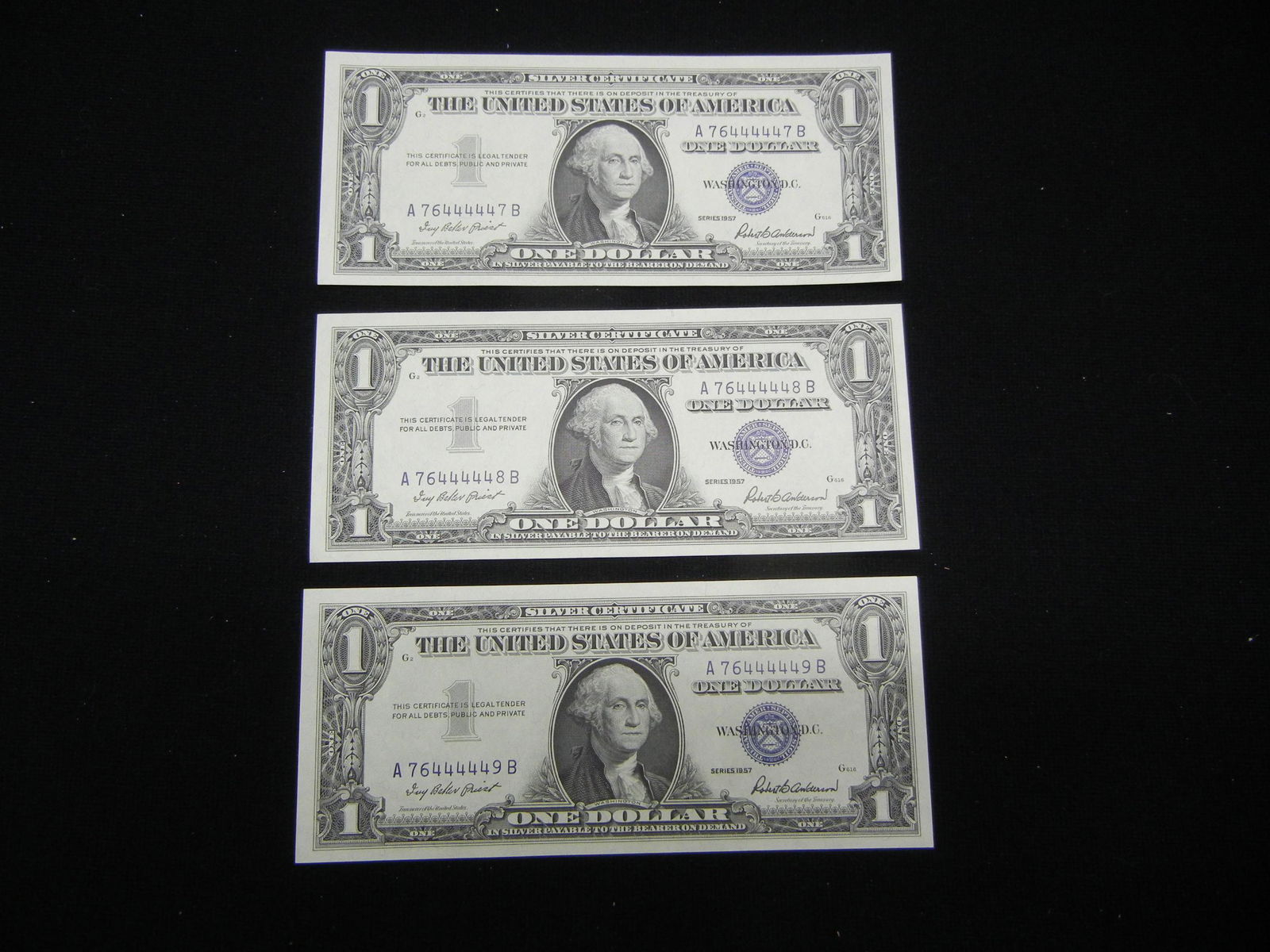 (3) 1957 $1 Silver Certificates.  Consecutive Serial (1 of 5)