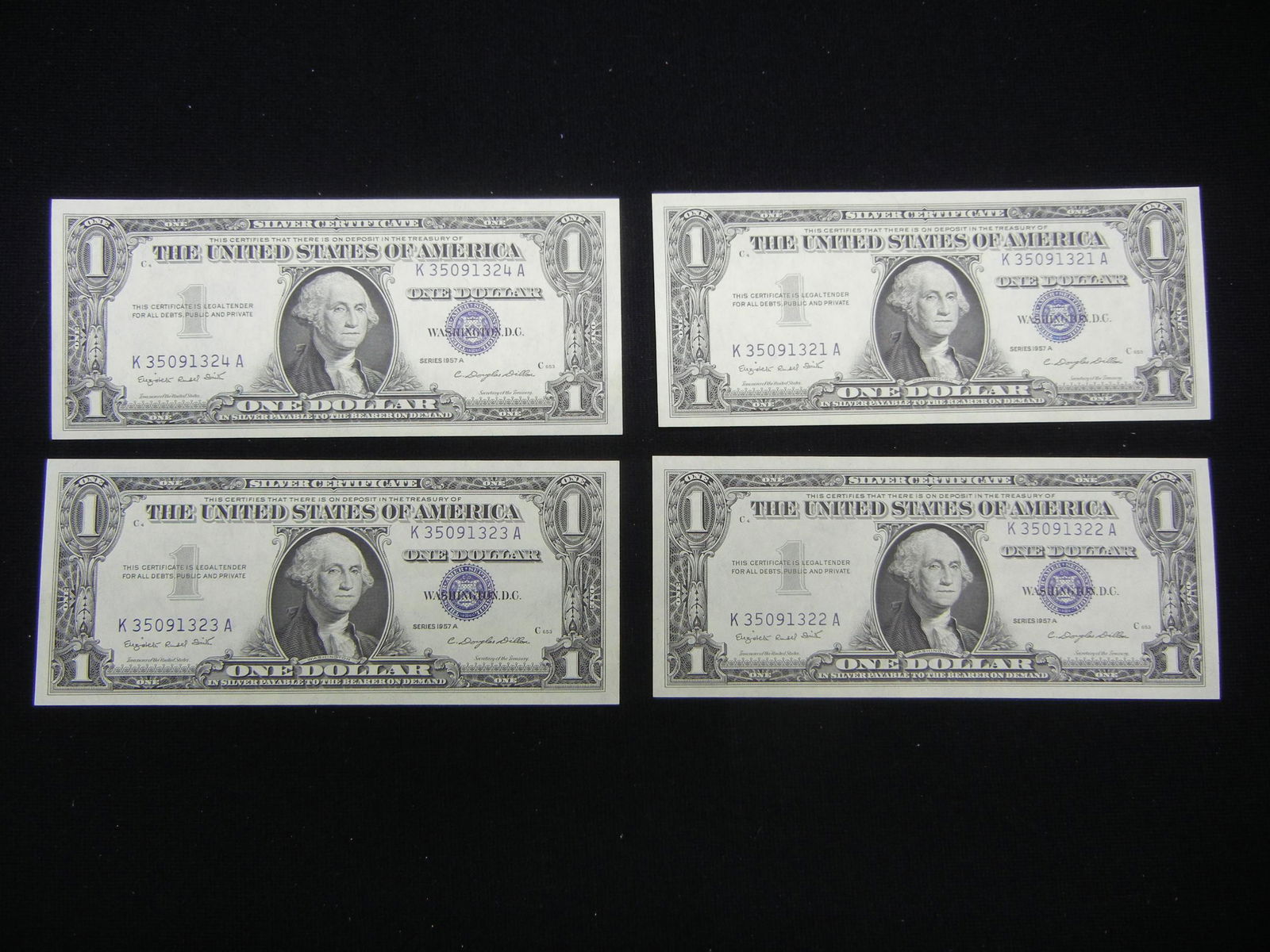 (4) 1957 A $1 Silver Certificates.  Consecutive Serial (1 of 5)