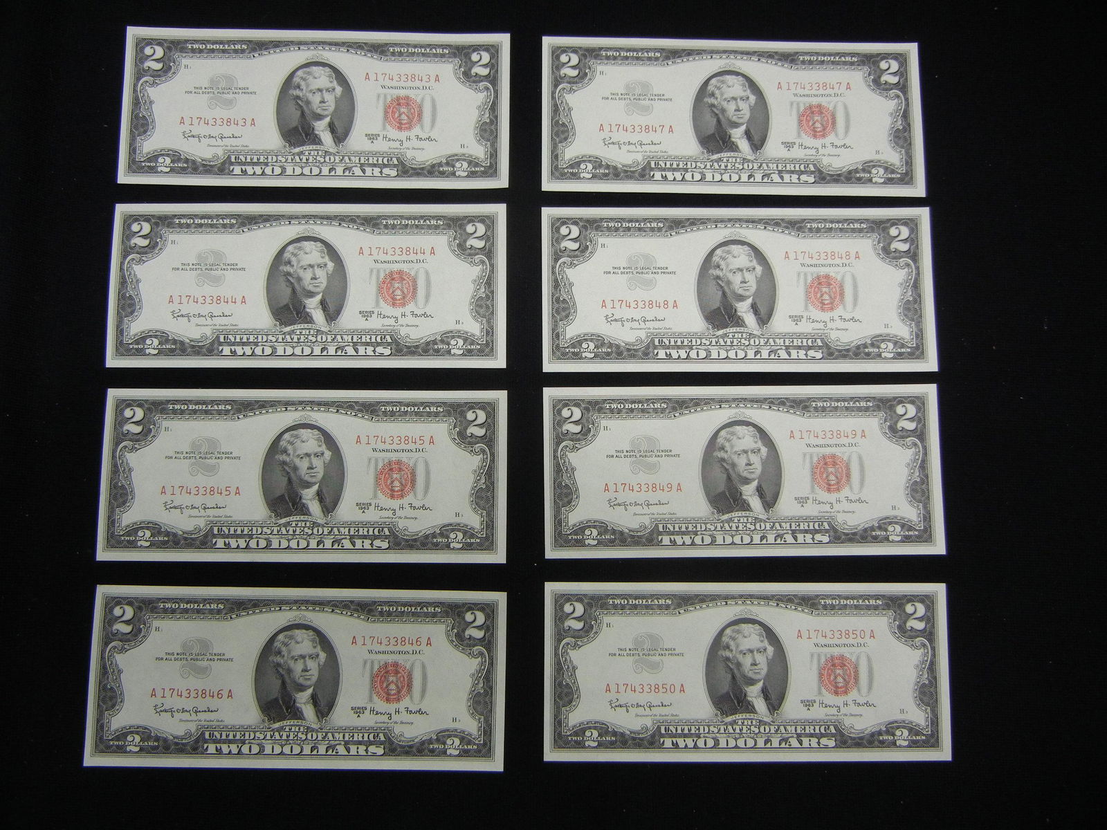 (8) 1963 A Red Seal $2 Notes.  Consecutive Serial #s. (1 of 8)