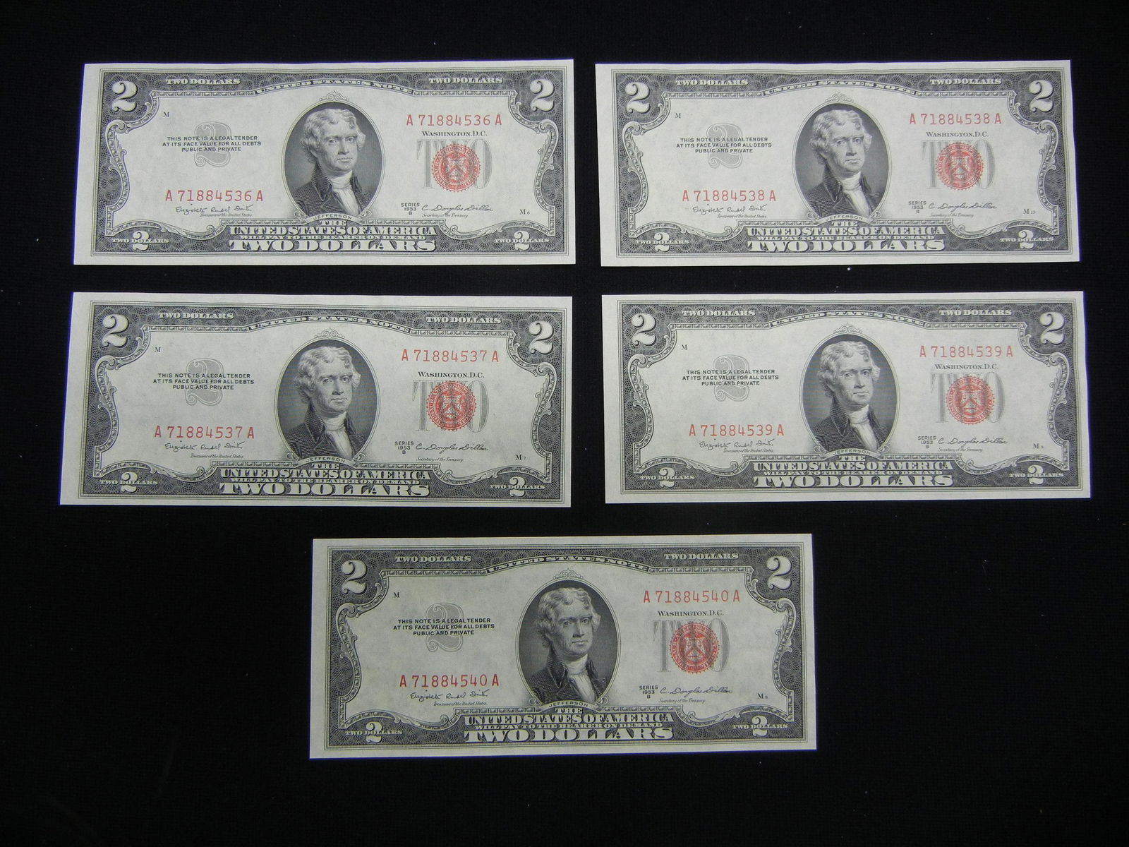 (5) 1953 B Red Seal $2 US Notes with consecutive serial (1 of 5)