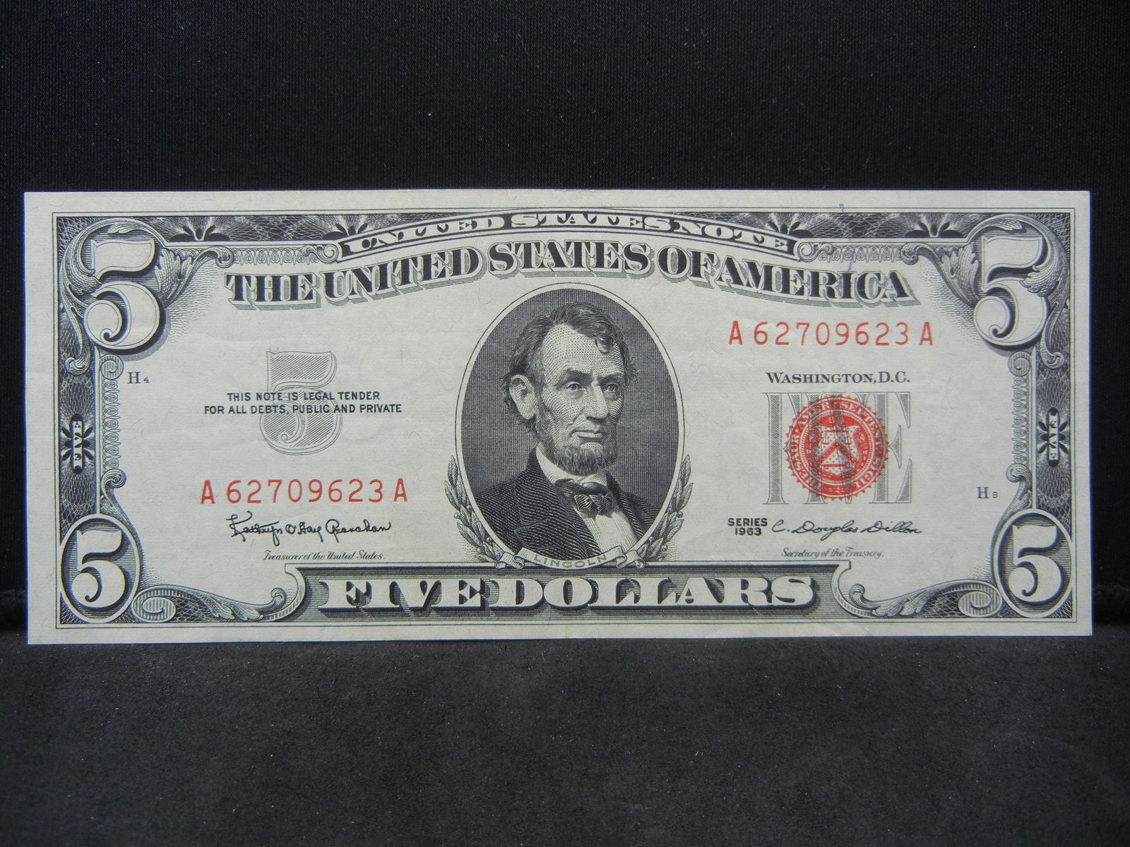 1963 Red Seal $5 Note.  Almost Uncirculated. (1 of 3)
