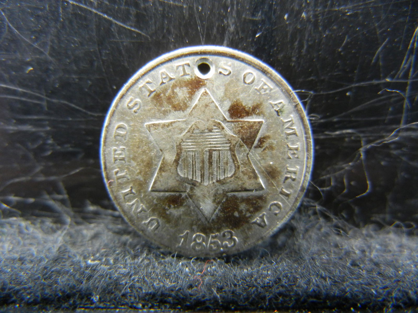 1853 Three Cent Silver Strong Details Holed (1 of 2)
