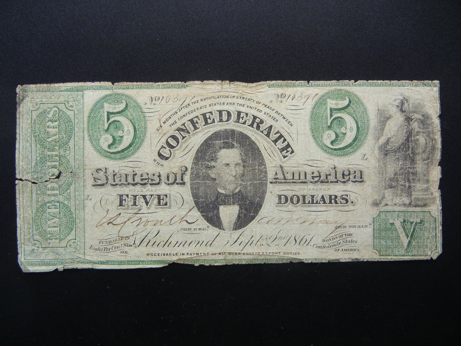 1861 Confederate States Early series $5.: 1861 Confederate States Early series $5.