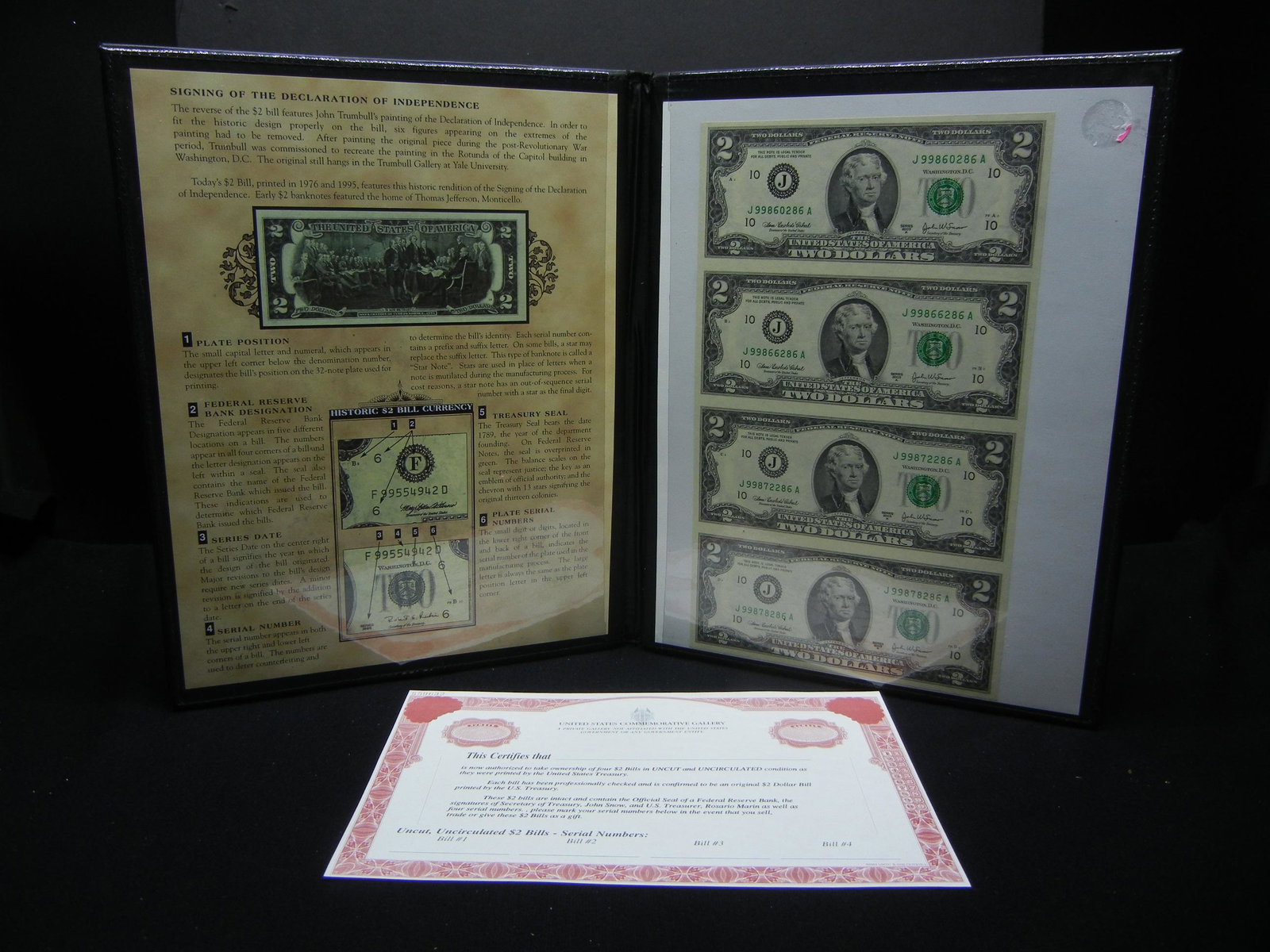 US Comemmoratice Gallary 2003 UNCUT Sheet (4) $2 bills. (1 of 6)