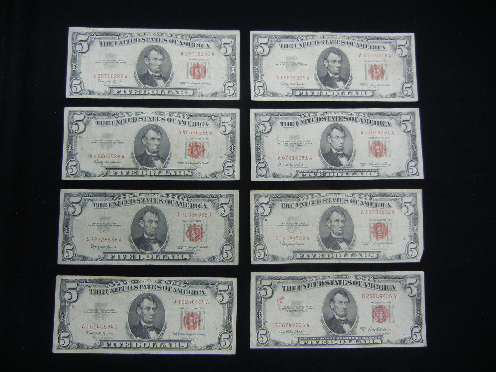 7 1963 and 1 1953 A Five Dollar Red Seal Notes 8 Note (1 of 8)