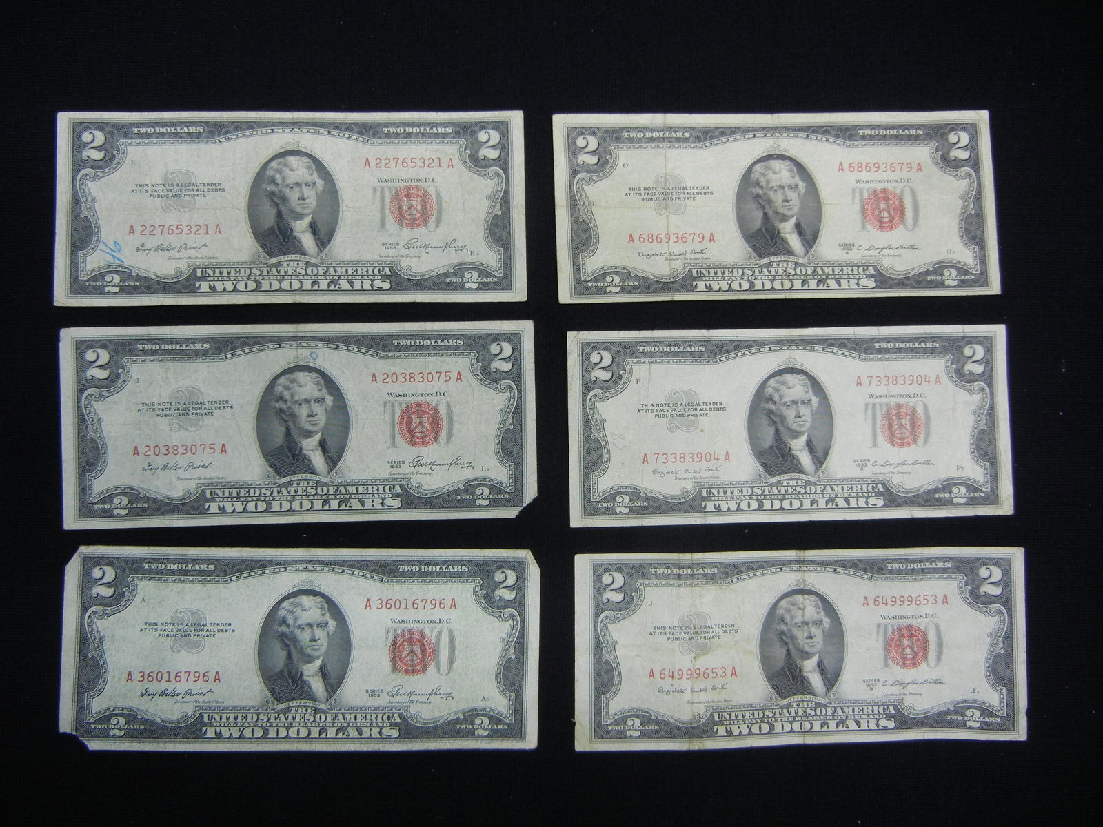 6 1953 Two Dollar Red Seal United States Notes (1 of 5)