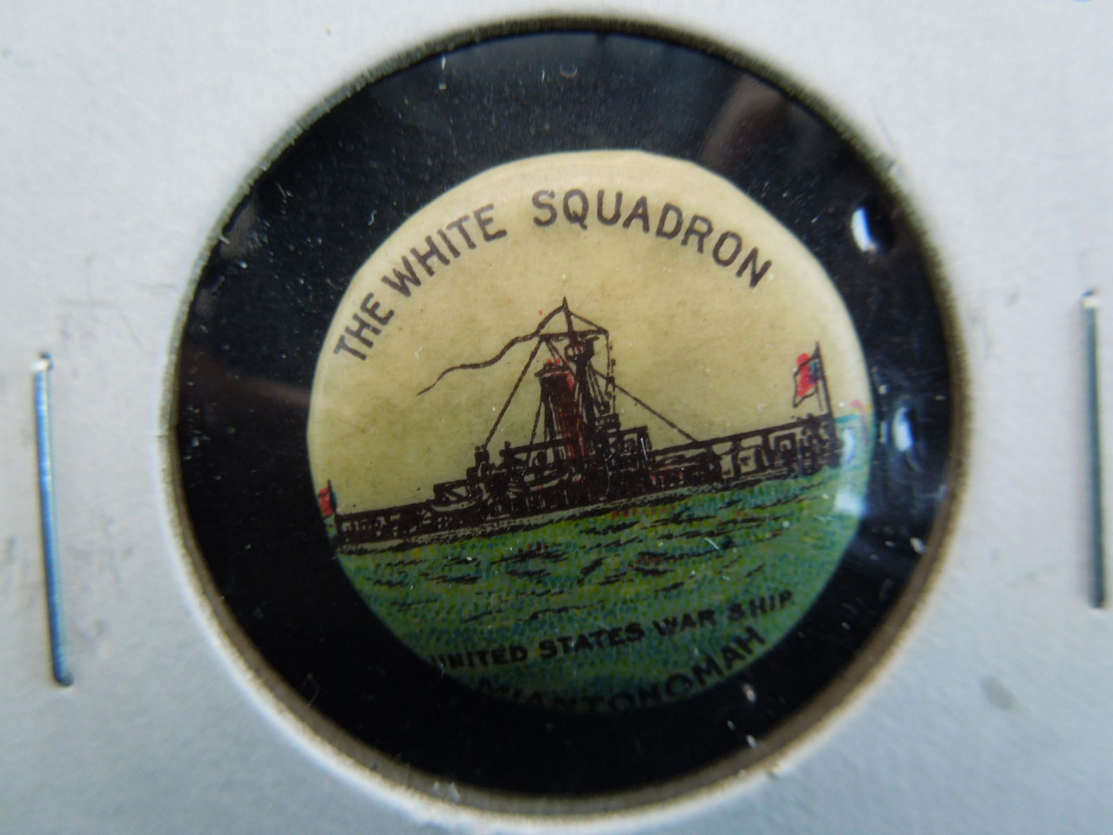 the white squadron united states war ship miantonomah: the white squadron united states war ship miantonomah vintage pinback. This ship was one of the iron clad ships and was commisioned in 1865 the last year of the civil war