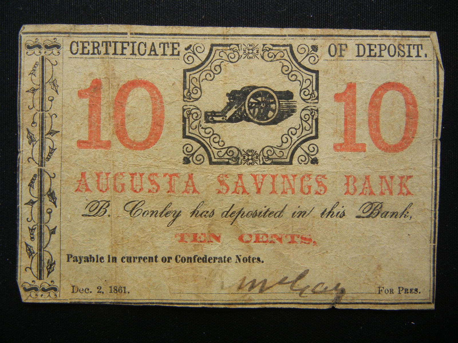 1861 Augusta Savings Bank 10 Cents Payable in Current (1 of 2)