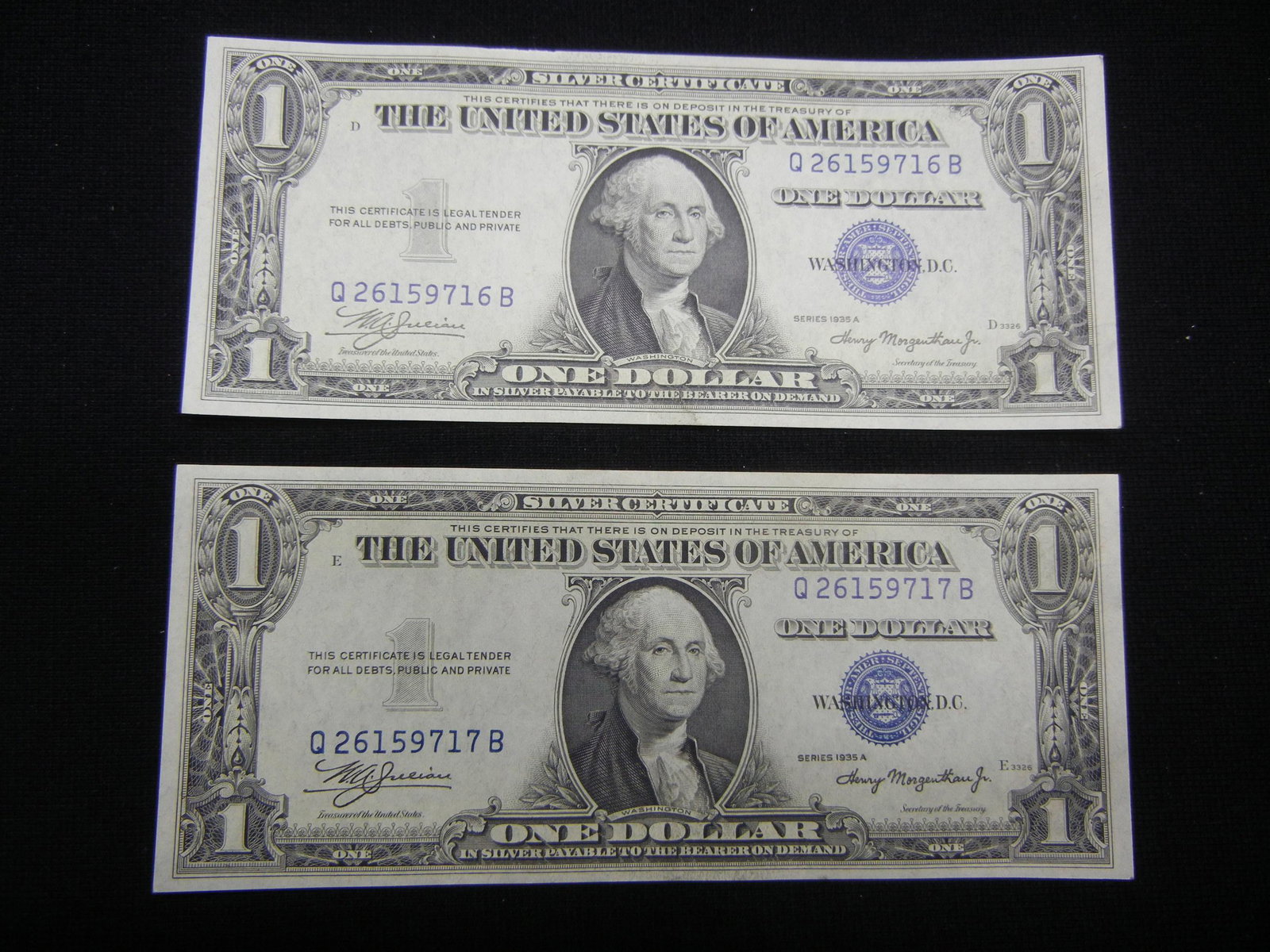(2) 1935-A Consecutive Serial Number Silver: (2) 1935-A Consecutive Serial Number Silver Certificates. Choice Crisp Unc. Scarce and very difficult to find.