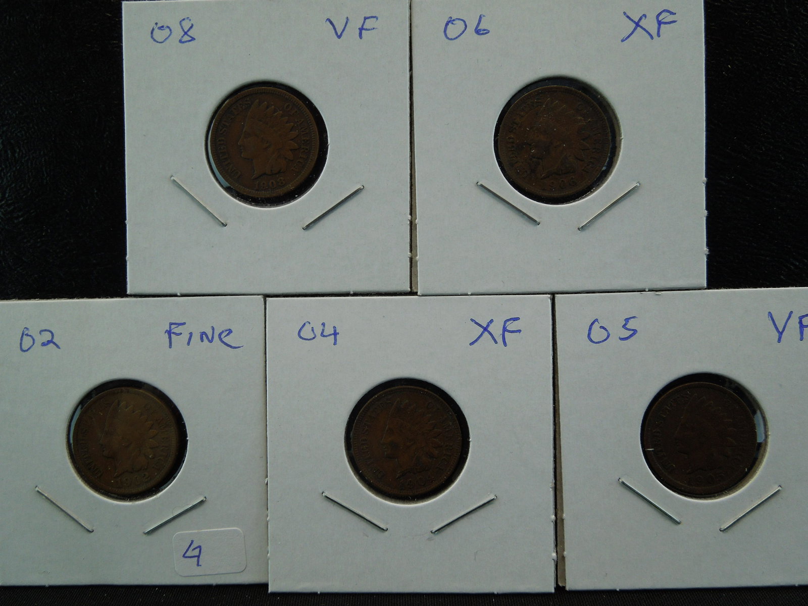 (5) Full Liberty Indian cents:  02 Fine, 04 XF, 05 VF, (1 of 13)