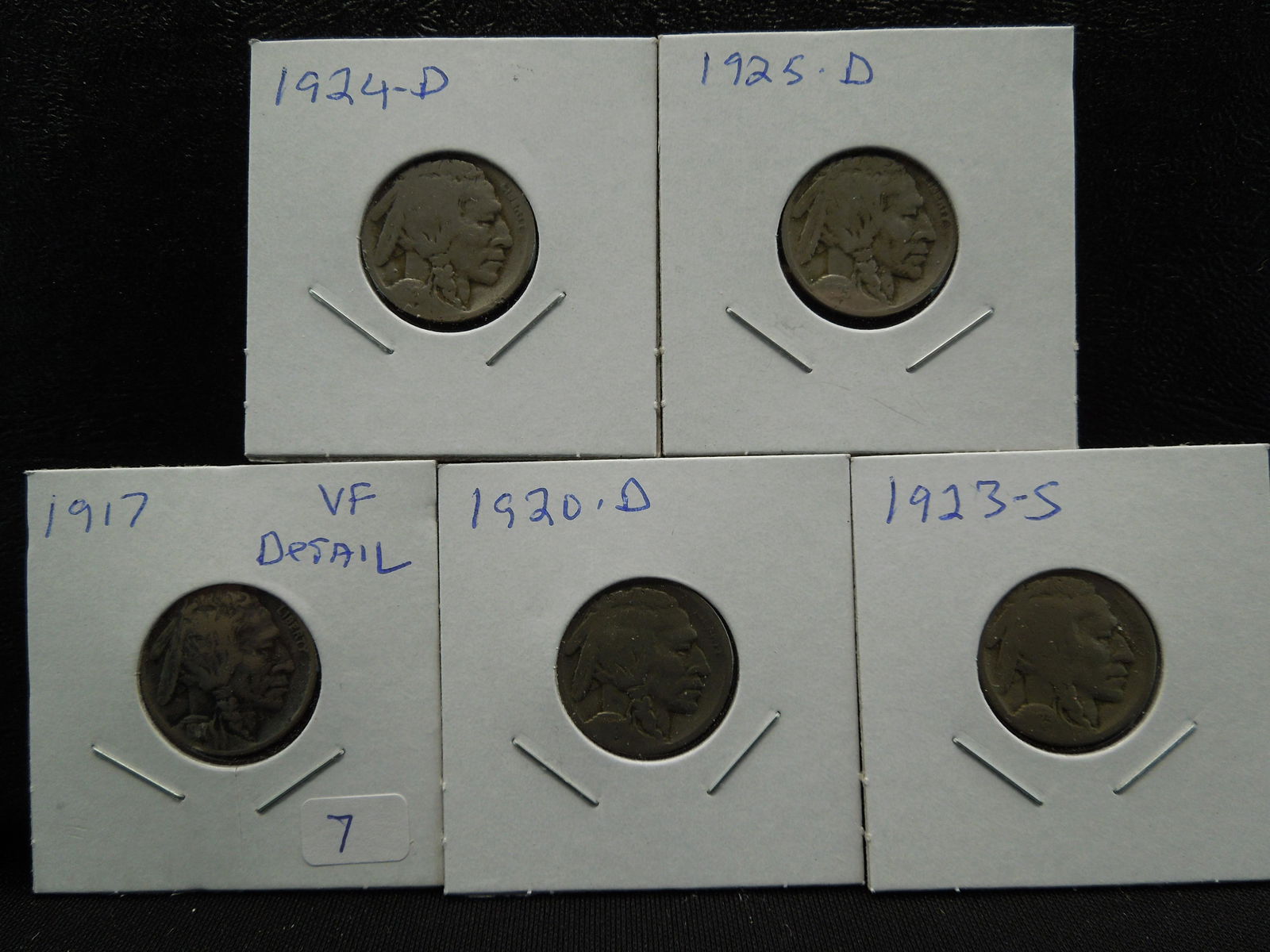 (5) circulated Buffalo Nickels:  1917, 20-D, 23-S, (1 of 11)