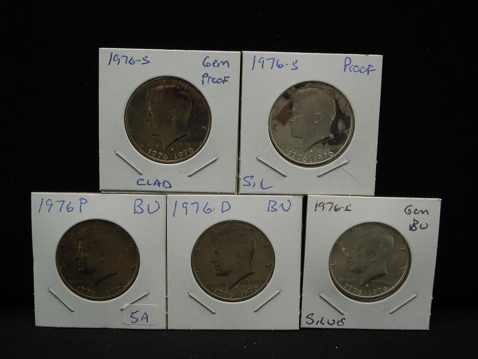 (5) 1976 Kennedy Halves: P, D, Clad Proof S, Silver Un: YES WE SHIP ALL COINS - $3.50 PLUS INSURANCE FOR ONE COIN for FIRST CLASS MAIL. We will combine shipping if multiple coins are purchased! Small flat rate $7.25 - Med Flat rate $13.95 - Large Flat Rate