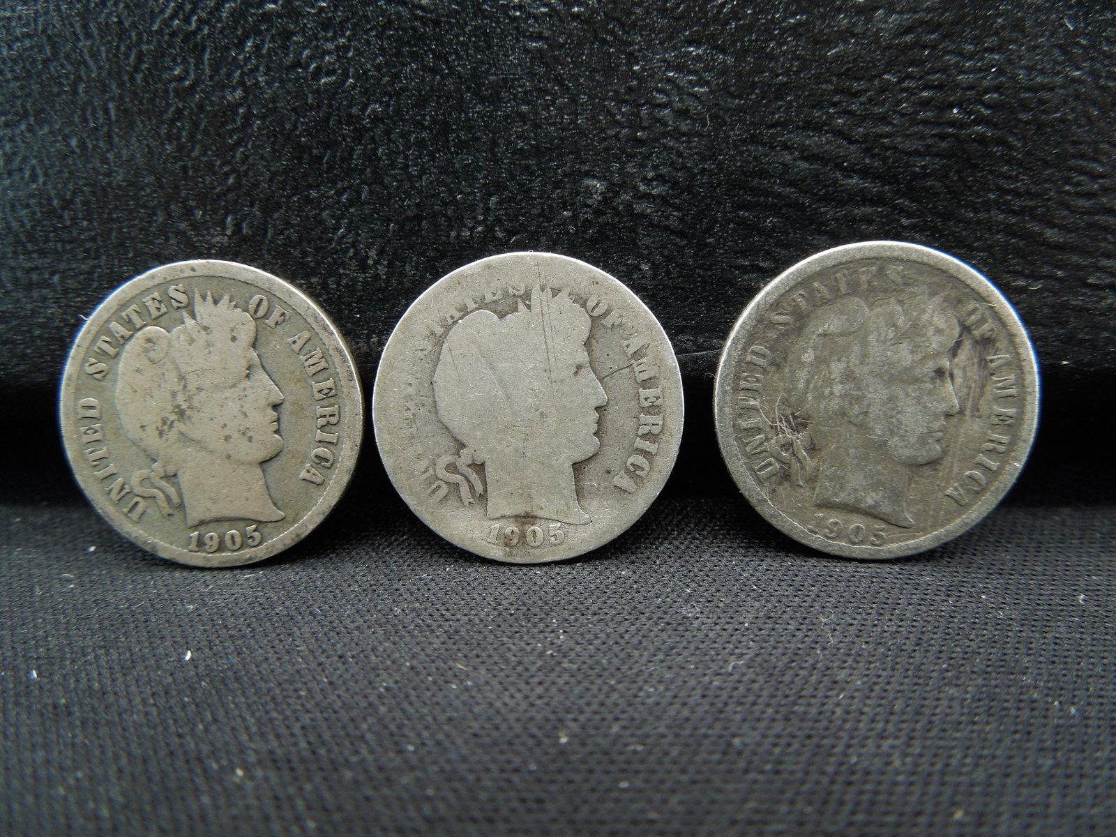 Three 1905 Barber Dimes: YES WE SHIP ALL COINS - $3.50 PLUS INSURANCE FOR ONE COIN for FIRST CLASS MAIL. We will combine shipping if multiple coins are purchased! Small flat rate $7.25 - Med Flat rate $13.95 - Large Flat Rate