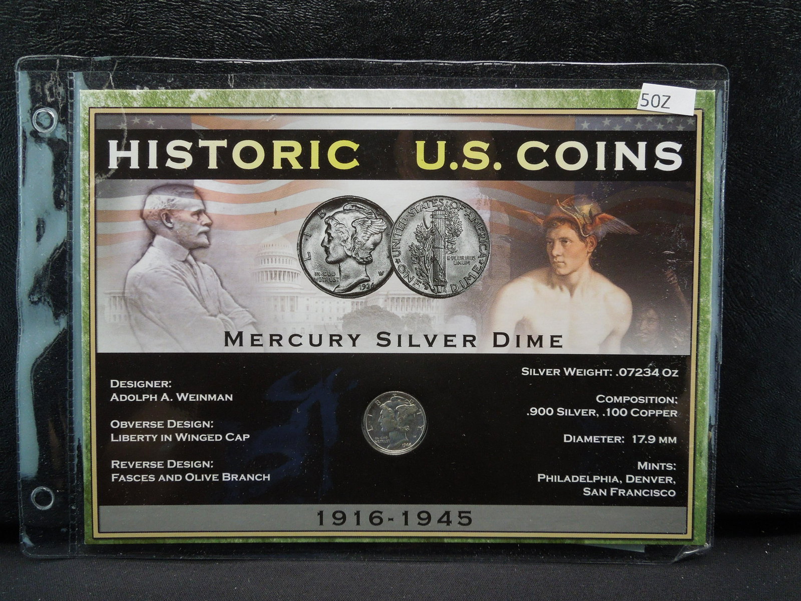 1944 Mercury Dime with information card: YES WE SHIP ALL COINS - $3.50 PLUS INSURANCE FOR ONE COIN for FIRST CLASS MAIL. We will combine shipping if multiple coins are purchased! Small flat rate $7.25 - Med Flat rate $13.95 - Large Flat Rate