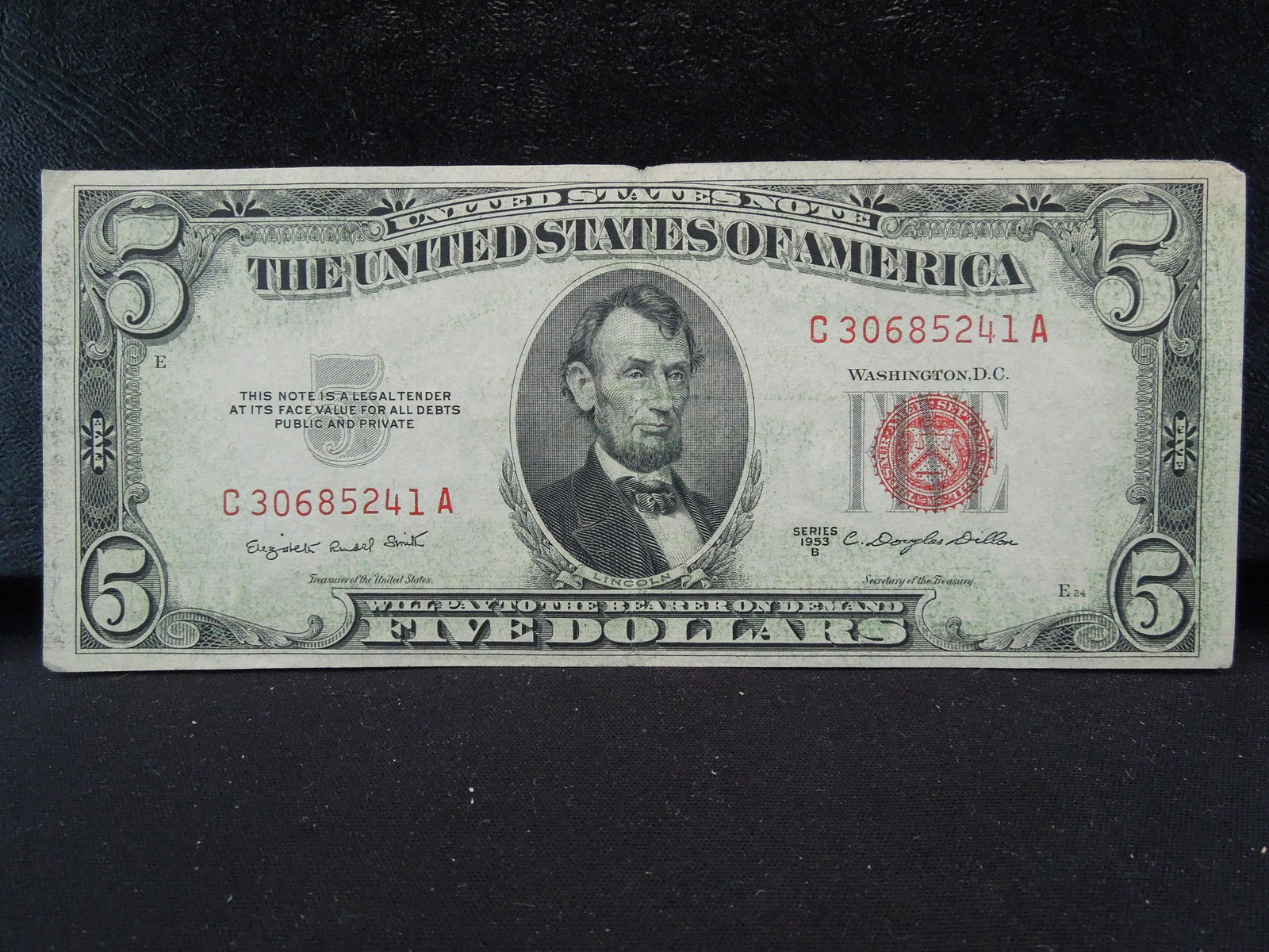 1953 C Red Seal $5 US Note.  Almost Uncirculated. (1 of 3)
