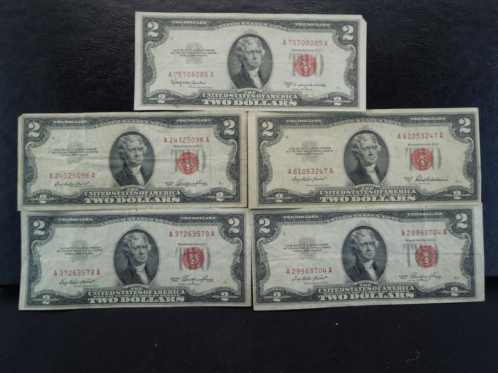 Five 1953 $2 Red Seal United States Notes. (1 of 7)