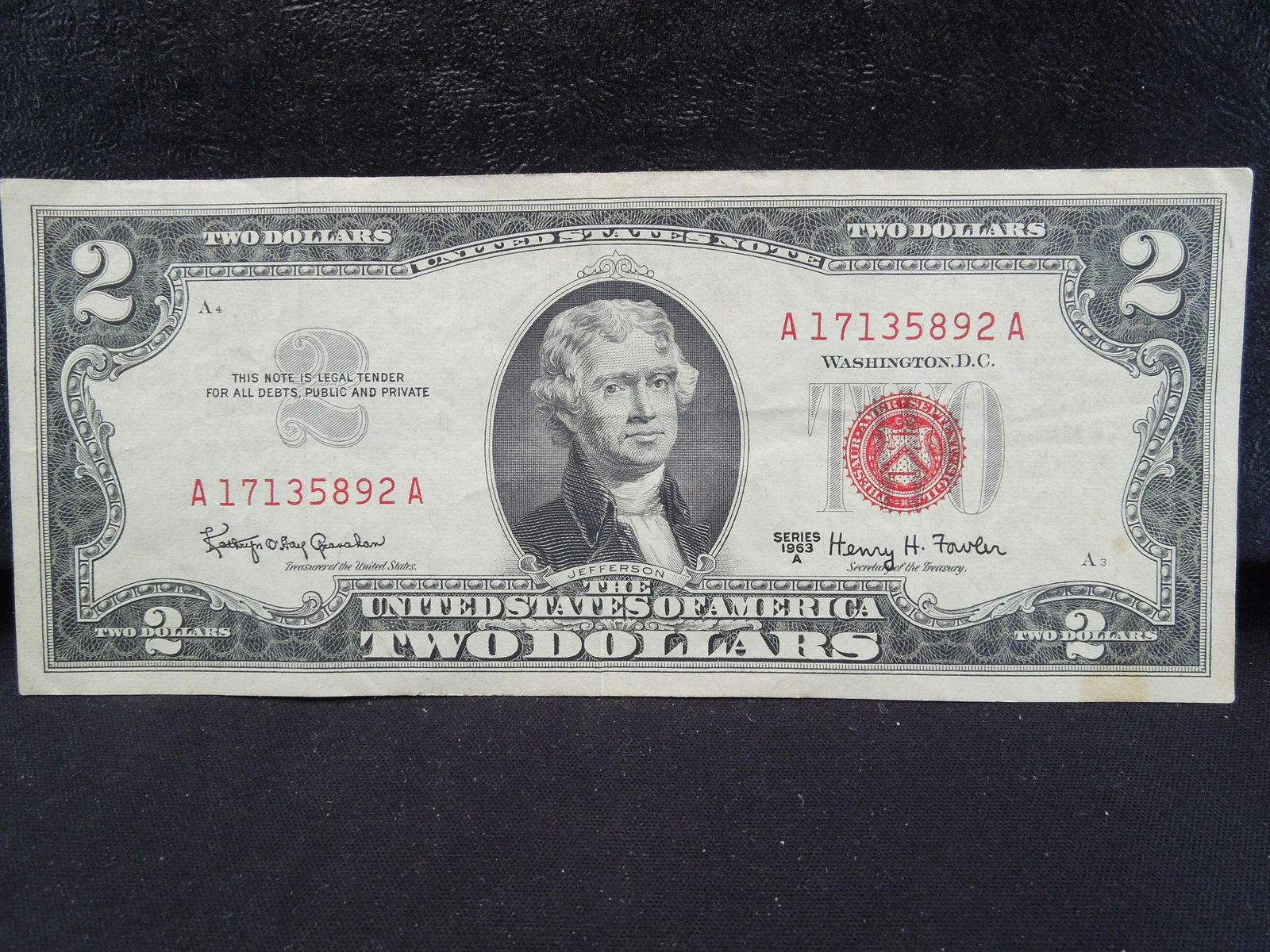 1963-A RED $2 DOLLAR BILL, CRISP (1 of 3)