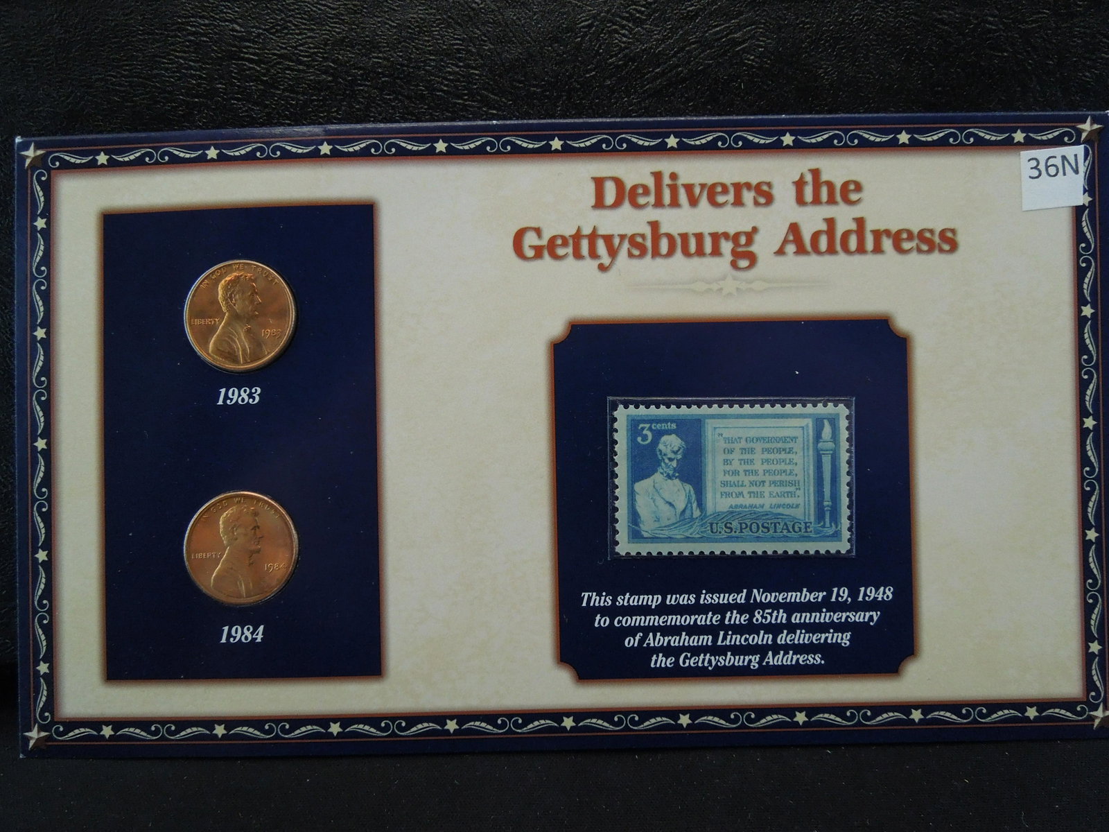 1983 & 1984 Lincoln Cent and Stamp Set, Describing: 1983 & 1984 Lincoln Cent and Stamp Set, Describing Lincoln Delivers The Gettysburg Address.