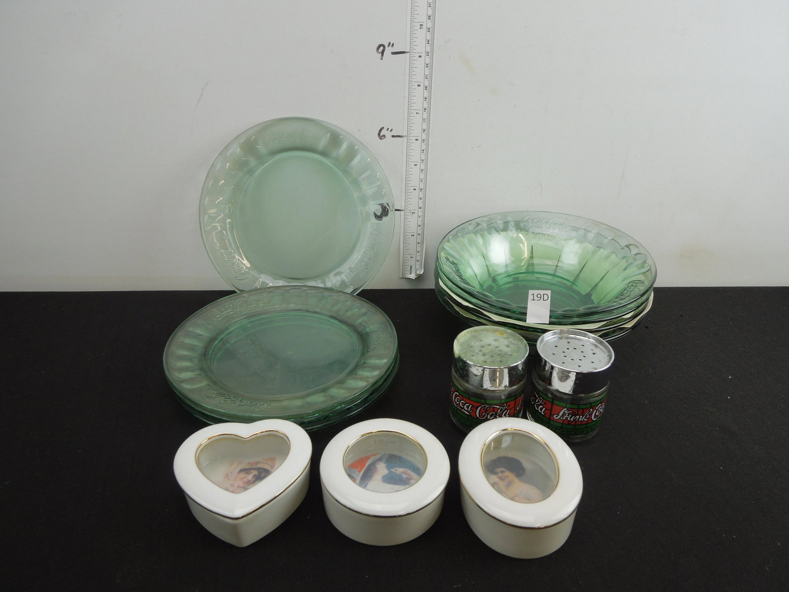 Set of Four Coca-Cola Saucers, Four Coca-Cola Salad: Set of Four Coca-Cola Saucers, Four Coca-Cola Salad Bowls, Coca- Cola Salt and Pepper Shakers, and Three Coca-Cola Brand Boxes