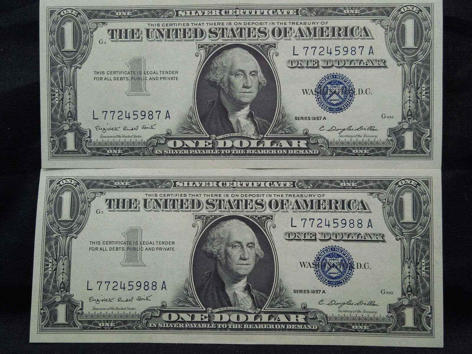 (2) 1957 A One Dollar Silver Certificates Consecutive S (1 of 4)