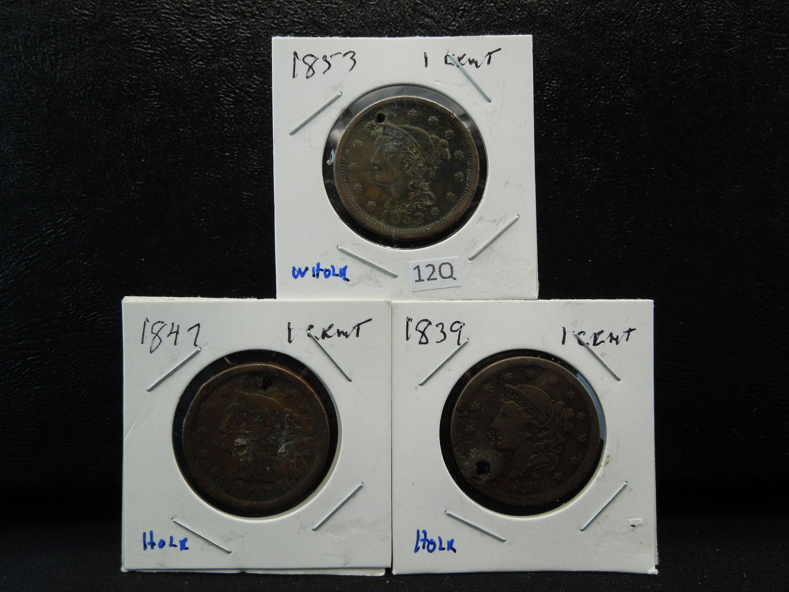 1839, 1847, 1853 Large Cents, Holed (1 of 7)
