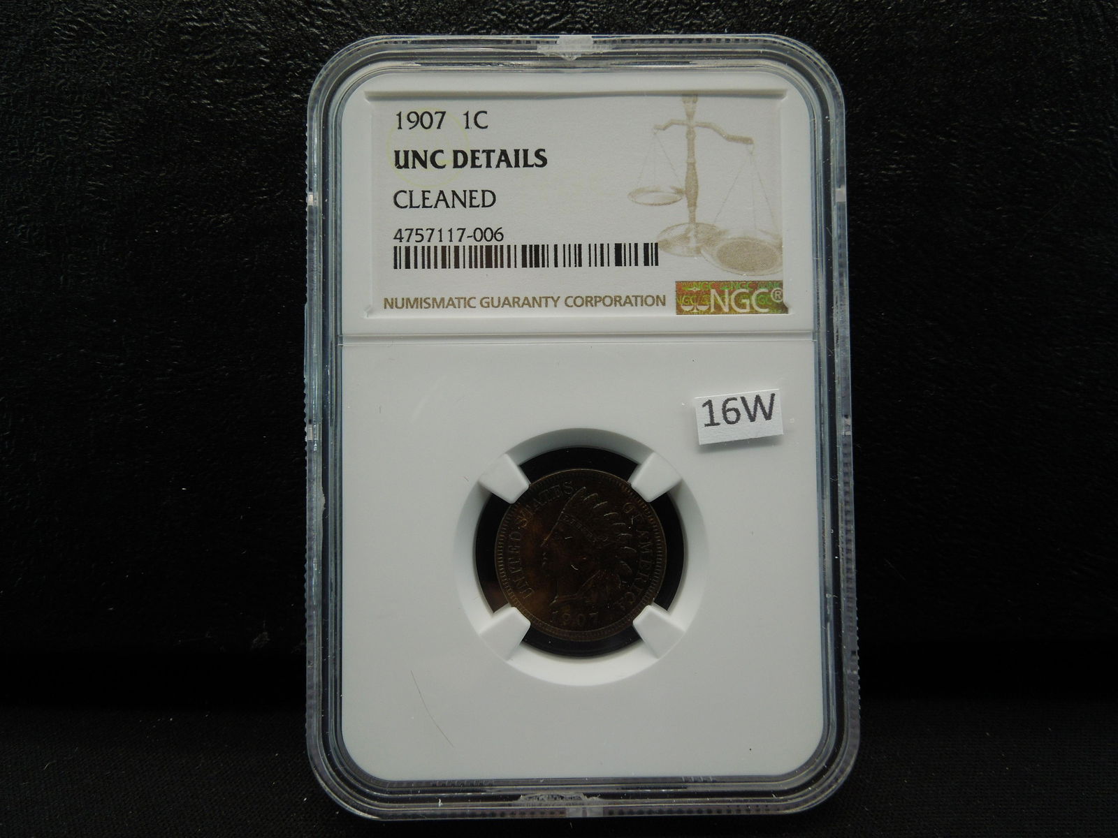 1907 Indian 1c.  NGC UNC Details.  Cleaned. (1 of 4)