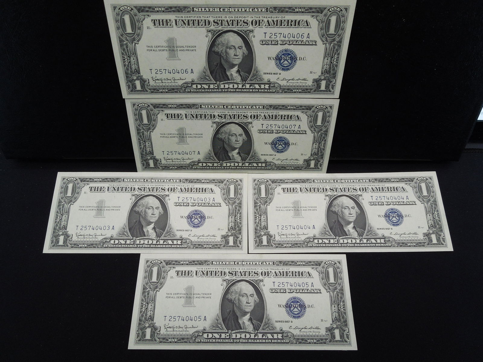 (5) 1957 B $1 Silver Certificates.  Consecutive Serial (1 of 11)