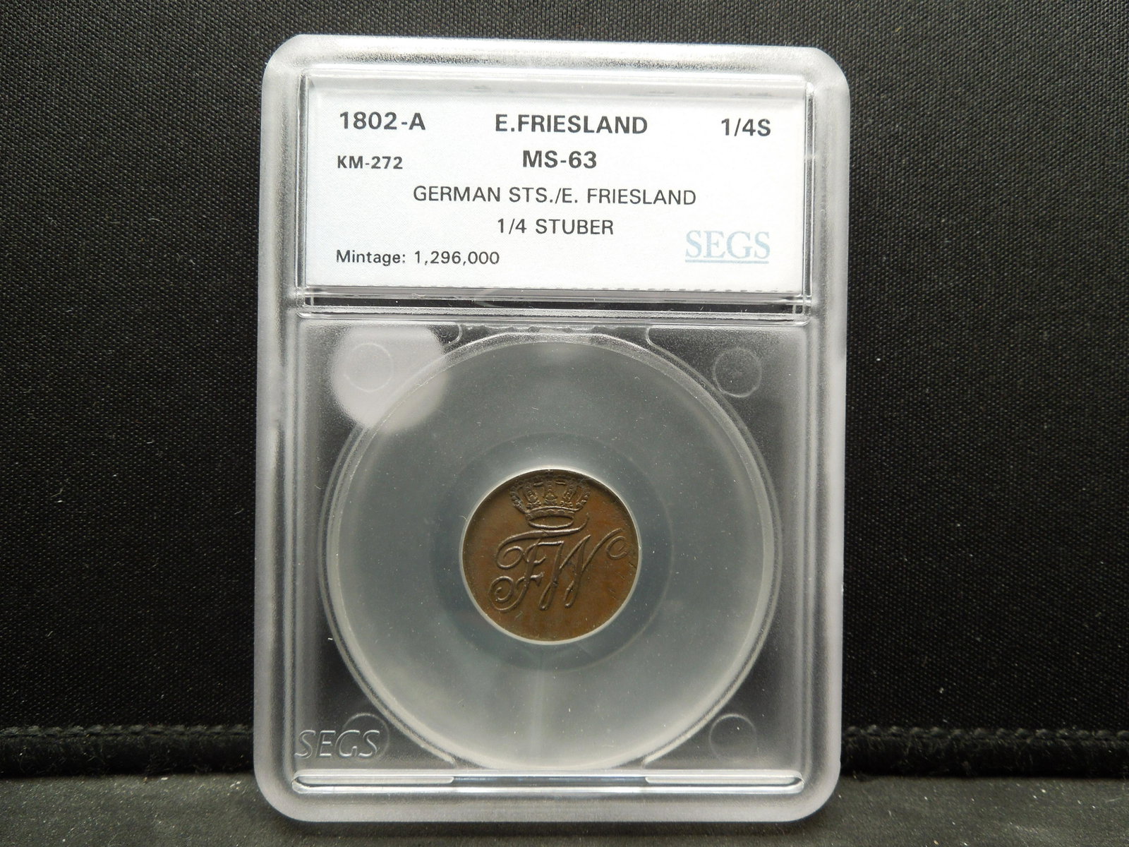 1802-A German States/East Friesland 1/4 Stuber. SEGS: 1802-A German States/East Friesland 1/4 Stuber. SEGS MS-63.