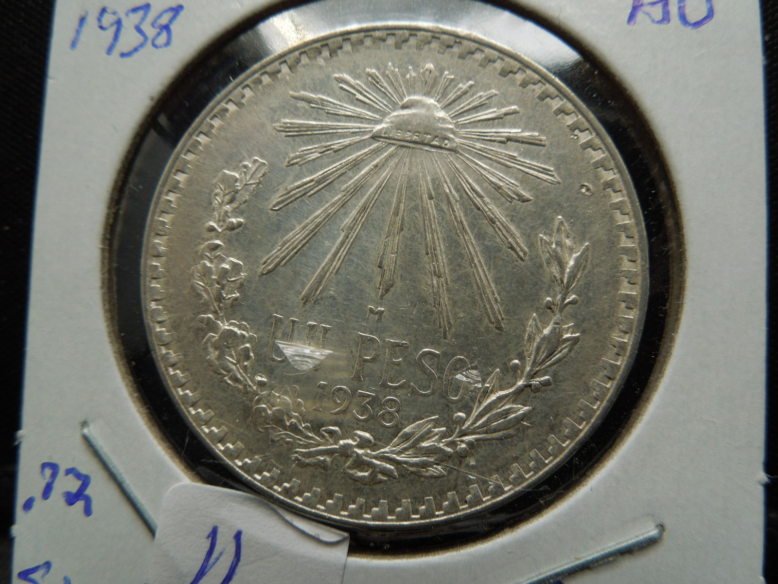 1938 Mexico Silver Peso.  AU 58. (1 of 3)