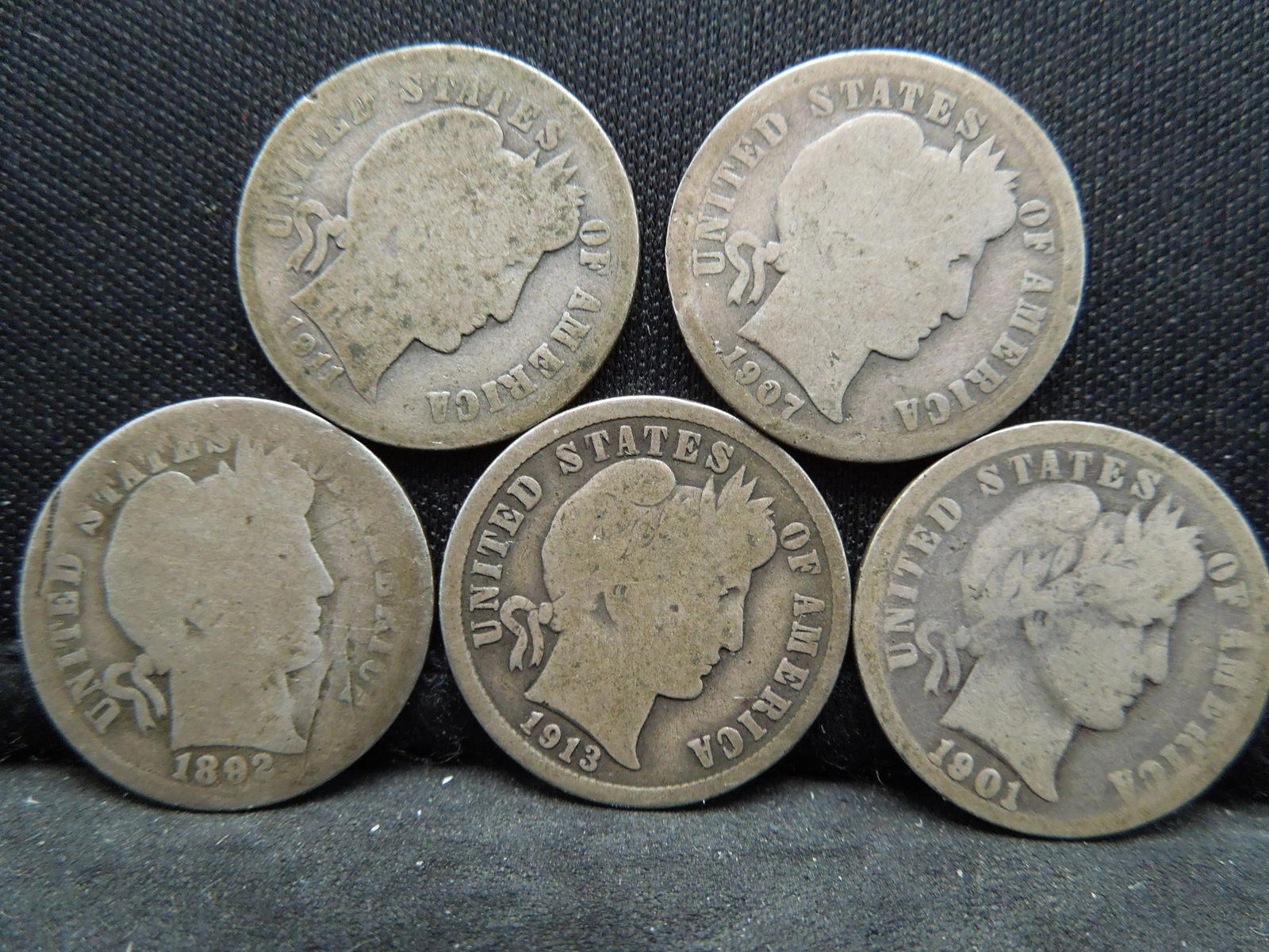 1892, Bent, 1901, 1907, 1911 D, 1913 Barber Dimes (1 of 2)